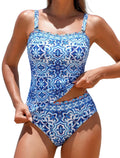 ZAFUL Women's Blue Boho Floral Tummy Control Tankini Swimsuits, High Waisted Strapless Tankini Swimsuits Two Piece Bathing Suits Full Coverage Bottoms M