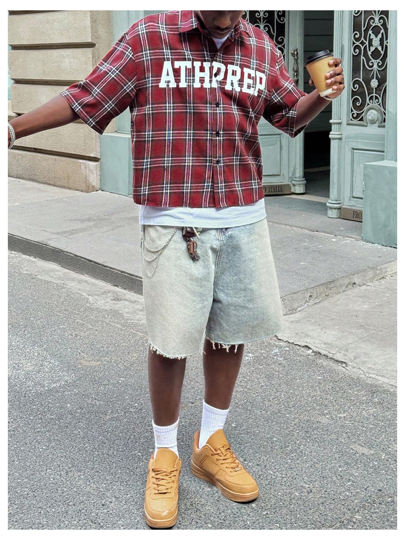 GORGLITTER Men's Y2K Cropped Shirt Button Up Plaid Jersey Graphic Short Sleeve Collared Boxy Cool Streetwear Crop Tops Red Small
