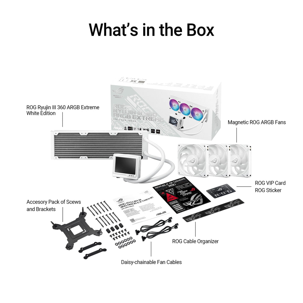 ASUS ROG RYUJIN III 360 ARGB EXTREME White Edition all-in-one AIO CPU liquid cooler, AMD Ryzen 9000 & Intel® Core™ Ultra Ready, Asetek Gen8 V2 pump;high airflow static pressure magnetic fans; 3.5" LCD