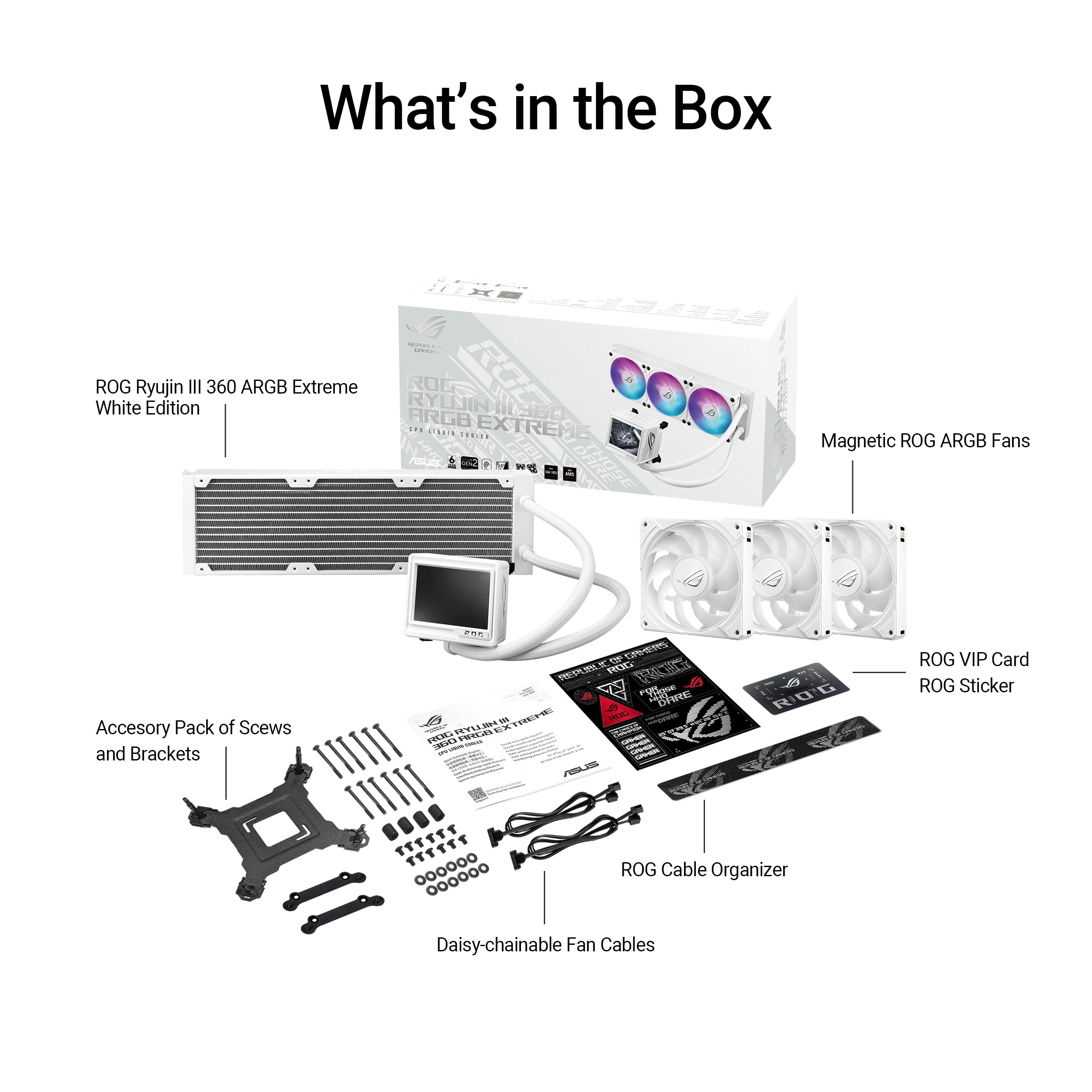 ASUS ROG RYUJIN III 360 ARGB EXTREME White Edition all-in-one AIO CPU liquid cooler, AMD Ryzen 9000 & Intel® Core™ Ultra Ready, Asetek Gen8 V2 pump;high airflow static pressure magnetic fans; 3.5" LCD