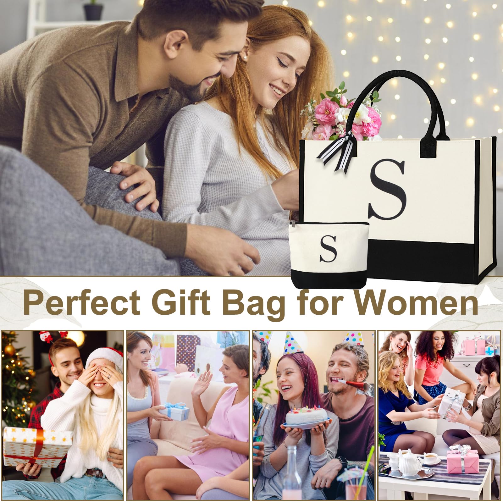 GENGBIN Personalized Canvas Tote Bag, Monogrammed Gift with Zipper Pouch for Women (S - with Cardboard Insert)