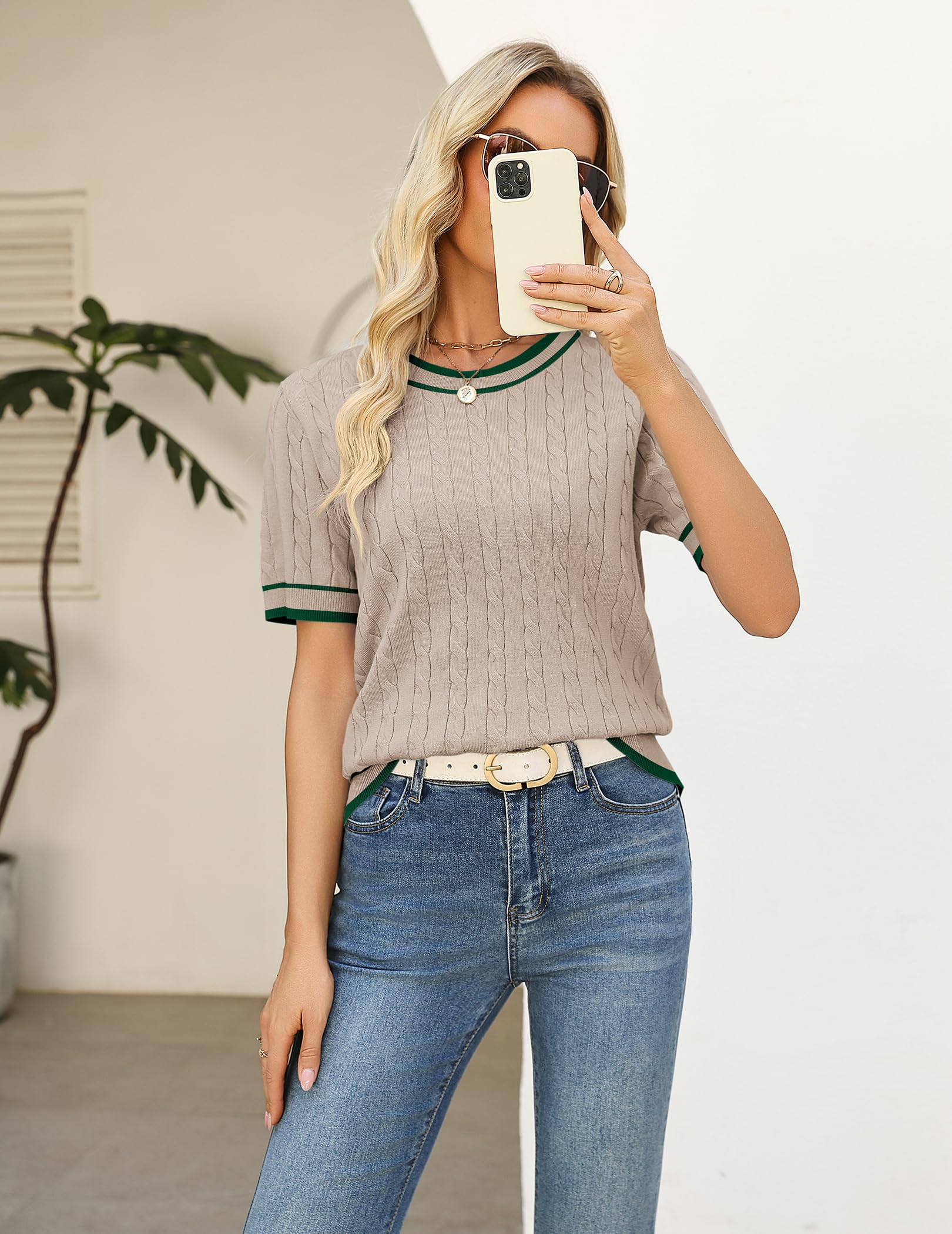 Zeagoo Cable Short Sleeve Sweaters for Women Summer Spring Cute Tops 2026 Trendy Business Causal Outfits Work Blouses Clothes