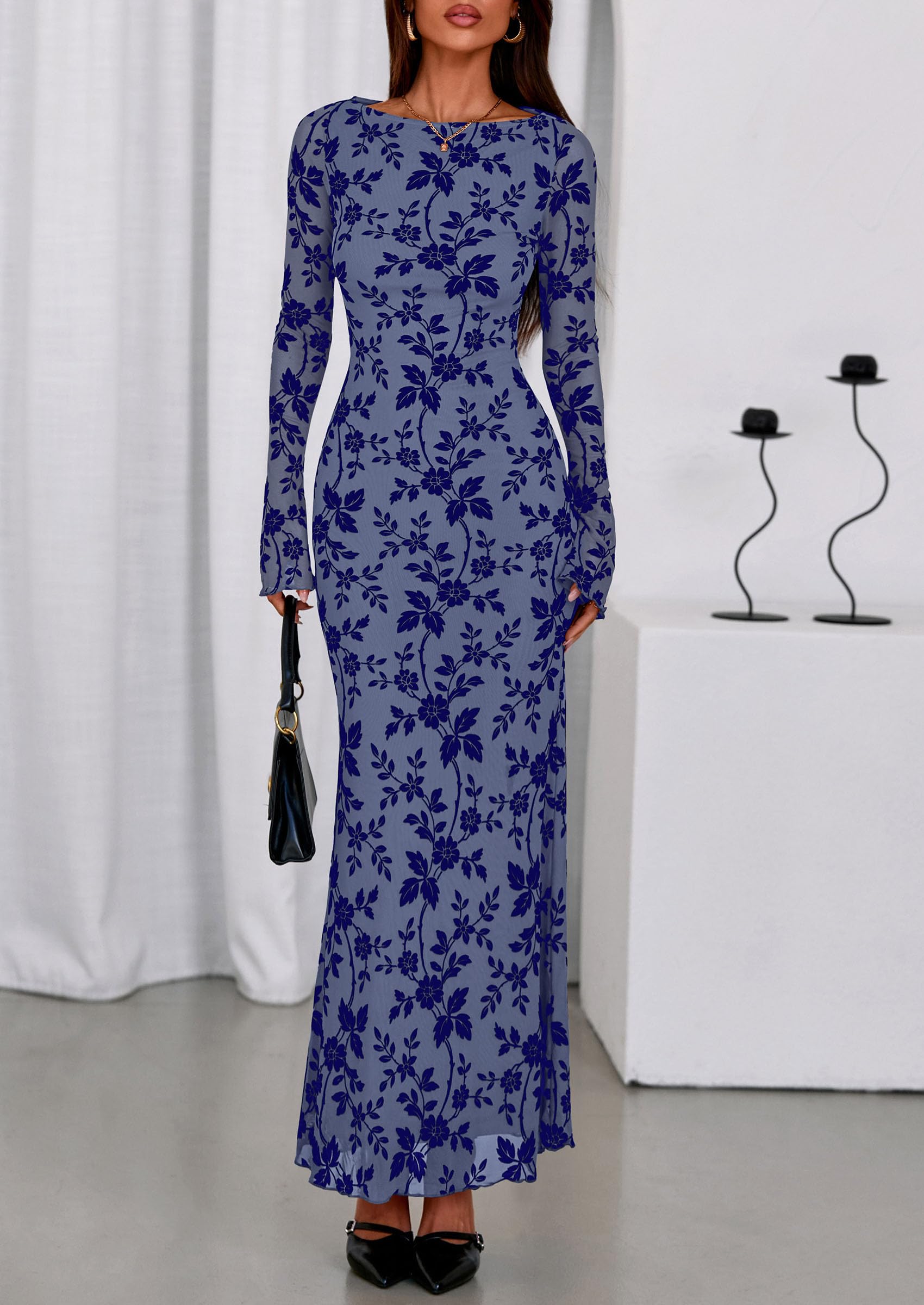 PRETTYGARDEN Women's Floral Bodycon Maxi Dress 2026 Spring Elegant Mesh Long Sleeve Formal Wedding Guest Cocktail Dresses (Dusty Blue,XX-Large)