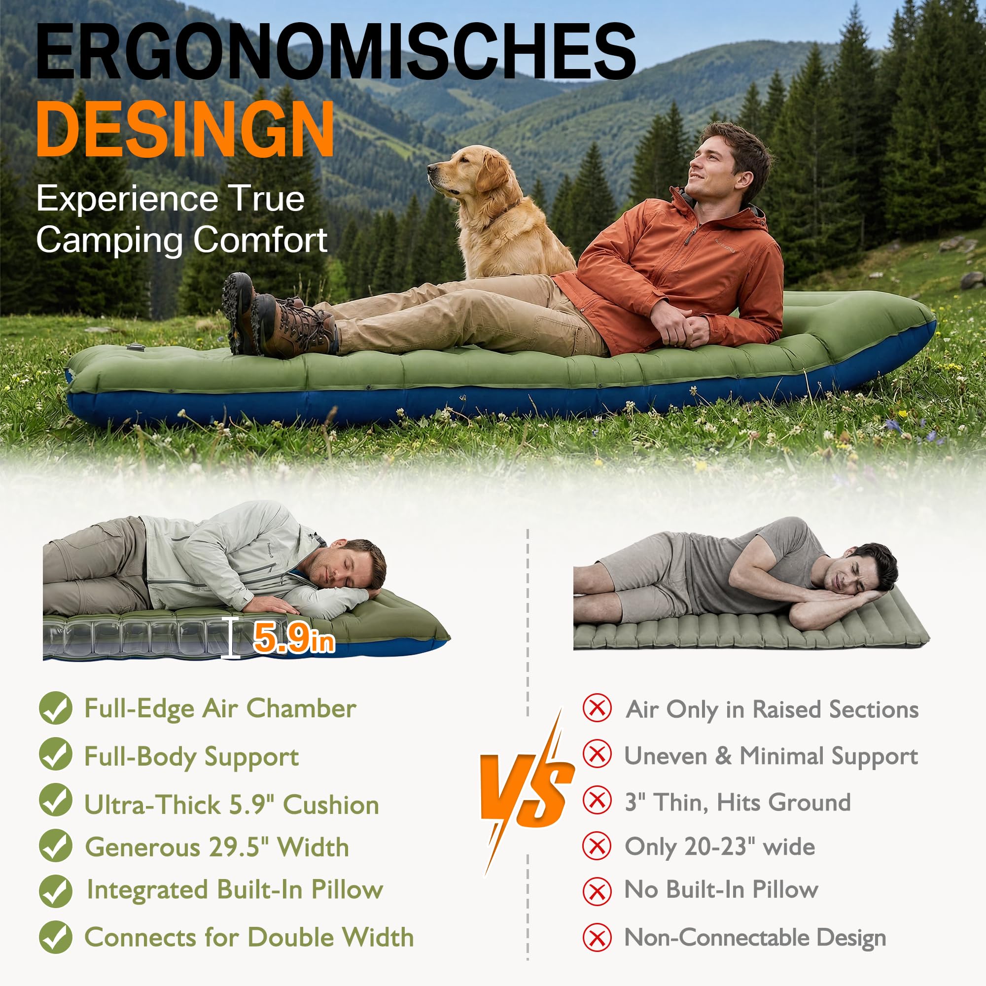 NINTYNINE Camping Sleeping Pad, 5.9" Extra-Thick Reinforced Camping Mat with Built-in Pillow & Foot Pump, Ultralight Compact Inflating Camping Air Mattress for Backpacking Hiking Travel Tent Beach