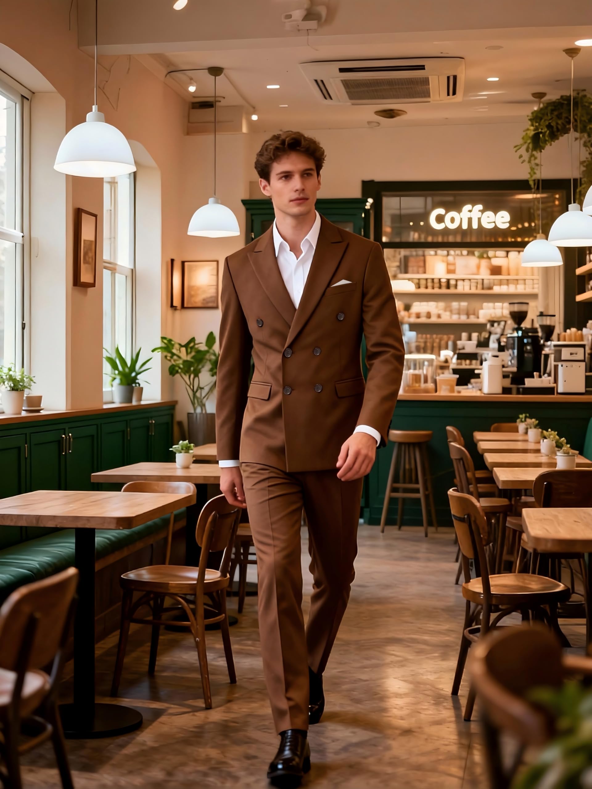 MOGU Suits for Men, 2 Piece Slim Fit Suit with Double Breasted Blazer and Tuxedo Pants, Jacket 38 & Pants 34 (38, Coffee)