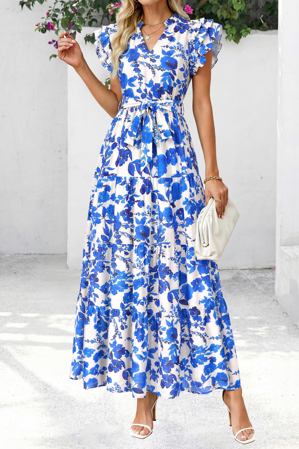 dowerme Women Summer Maxi Dresses 2026 Ruffle Sleeve V Neck Floral Boho Long Dress Belted Tiered Sundress with Pockets(White Blue Flower,Medium)