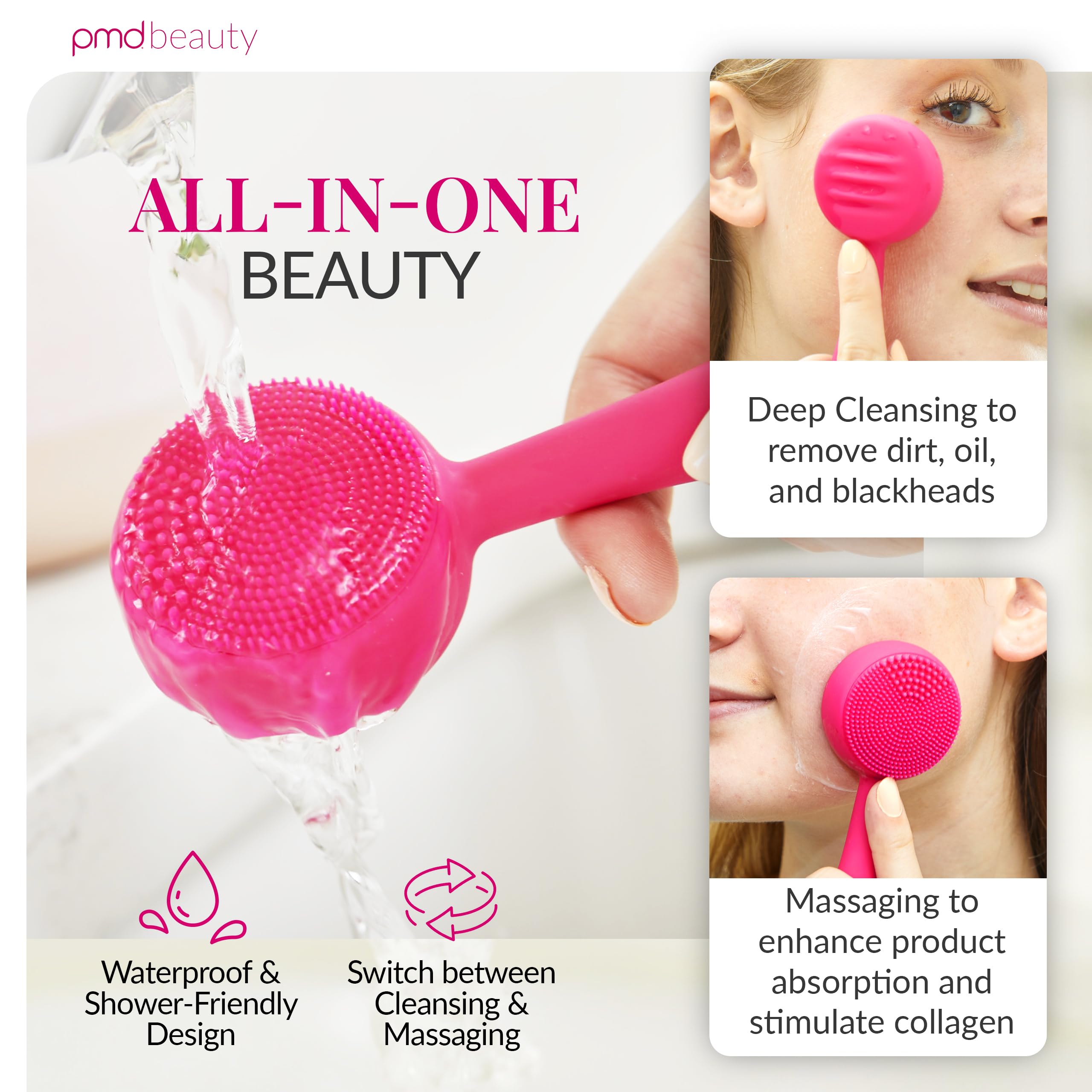 PMD Beauty: Electric Facial Cleansing Brush - Smart Facial Device with Silicone Brush & Anti-Aging Massager, Pink