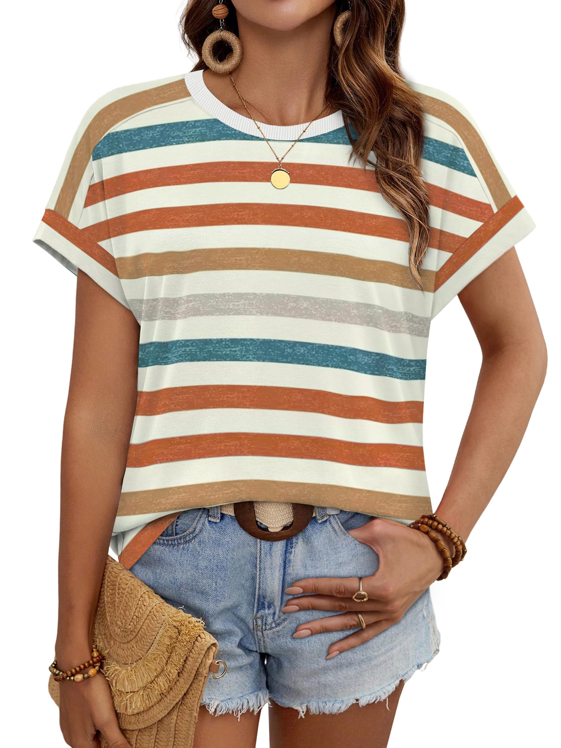 WIHOLL Womens Tops Summer Outfits 2026 Spring Clothes Boho Vacation Travel Cruise Essentials Fashion Trendy Short Sleeve T Shirts Clothing Orange Stripes L
