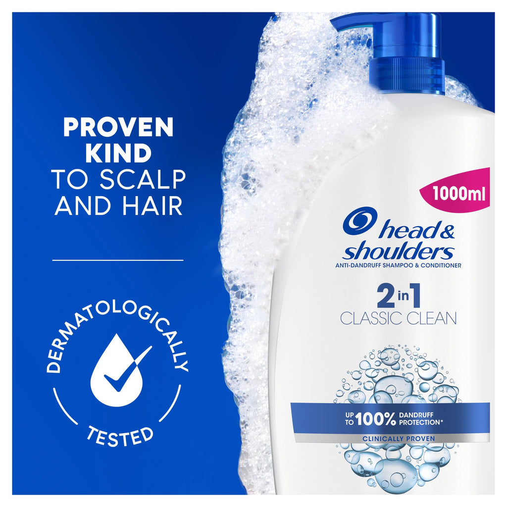 Head & Shoulders Classic Clean 2in1 Anti Dandruff Shampoo, 1000ml. Up to 100% Flake Free, Clinically Proven. For Any Hair and Scalp Type. For Daily use. Clean Feeling