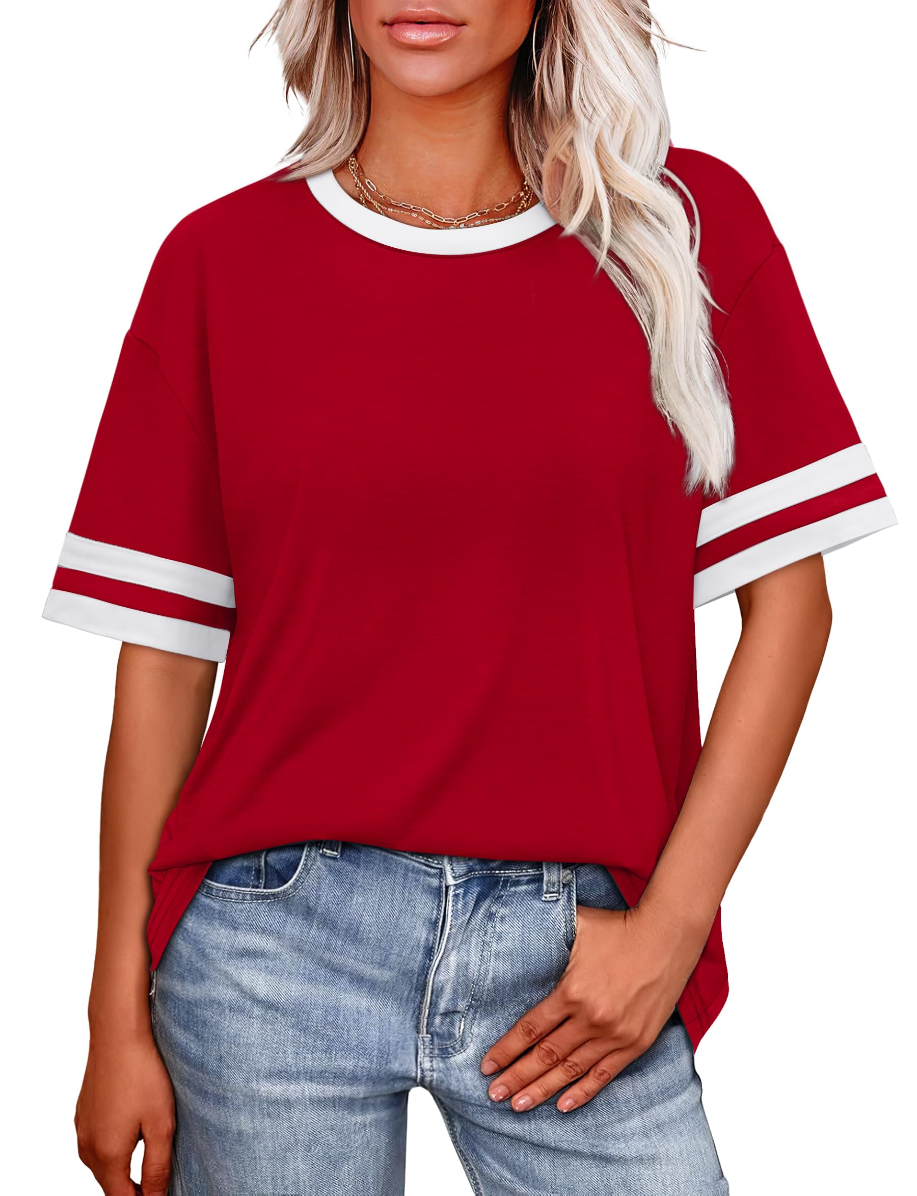 WIHOLL Plus Size Tops for Women T Shirts Crew Neck Summer Sports Style Color Block Sleeve Tee Plain Clothes Spring Outfits for Women Womens Clothing Plus Size Fashion Resort Wear Deep Red 2XL