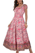 OSTOO Women's 2026 Summer Short Sleeves Boho Floral Print Tiered Casual Flowy Long Maxi Dress(Pink,M)