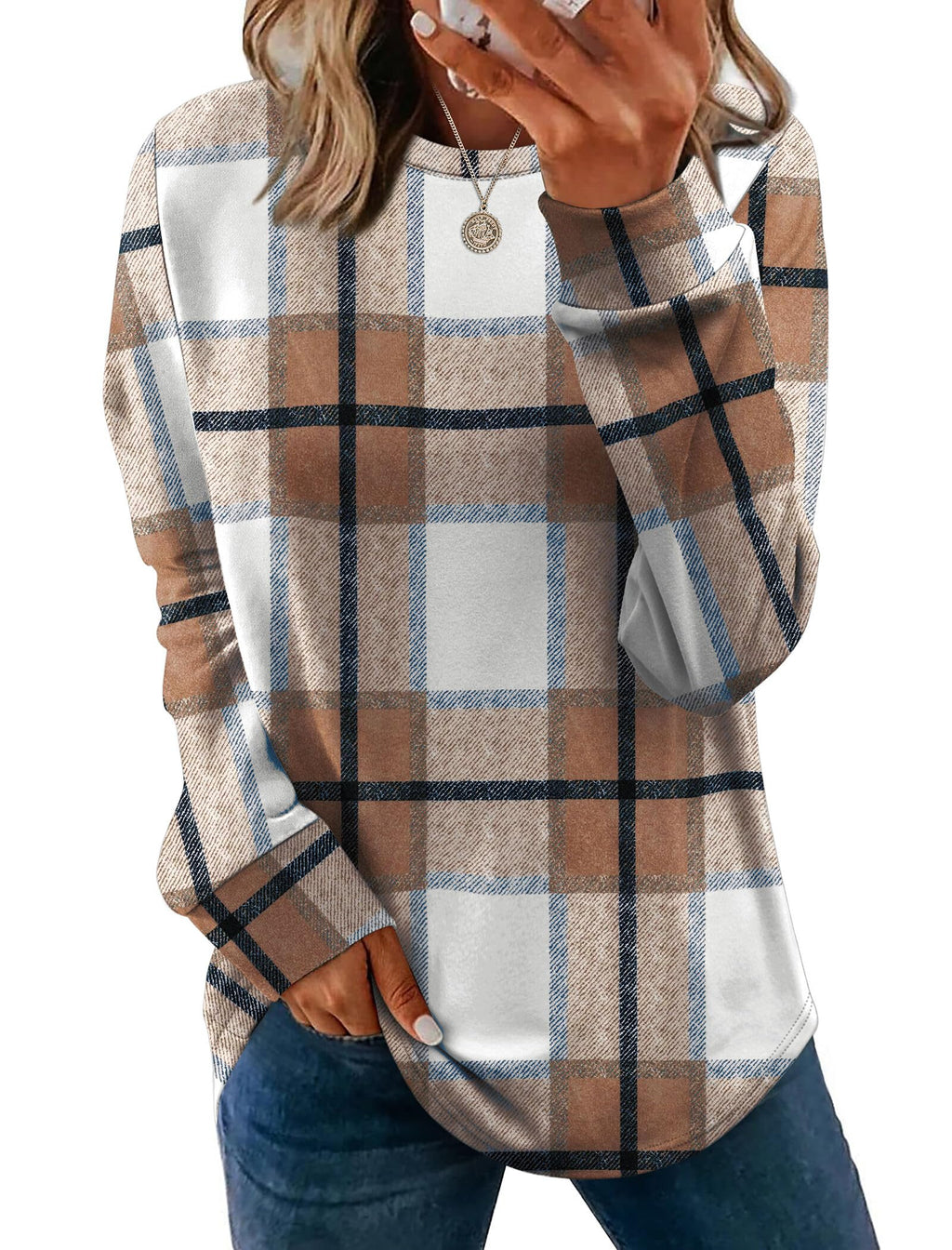 WIHOLL Womens Early Fall Fashion 2026 Outfits School Teachers Long Sleeve Shirts Sweatshirts Winter Sweaters Maternity Clothes Caramel Plaid M