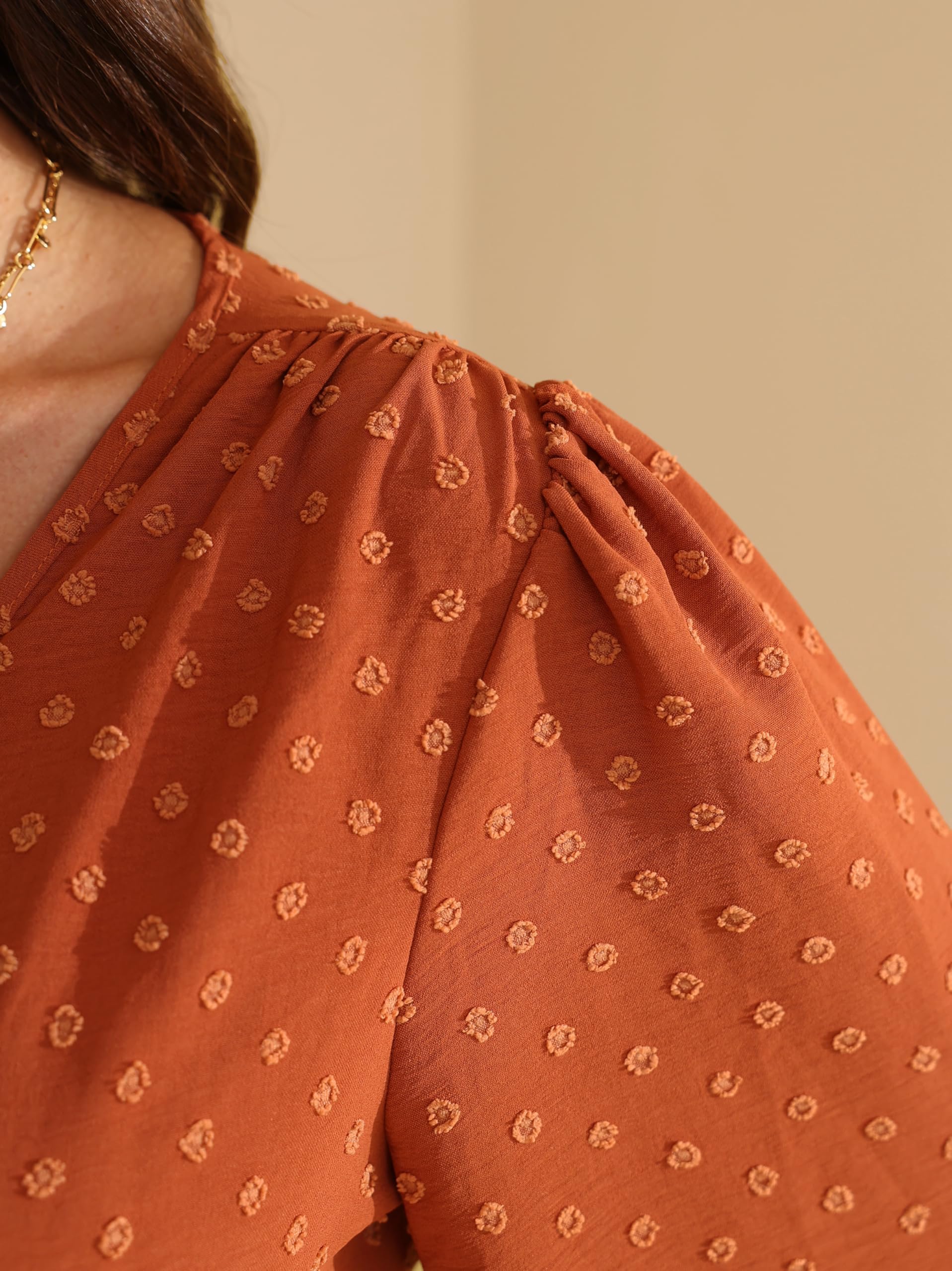 RWJ Women's Plus Size Fall Wedding Guest Dress Wrap V Neck Swiss Dot Lantern Long Sleeve Swing Boho Casual Dresses Burnt Orange X-Large