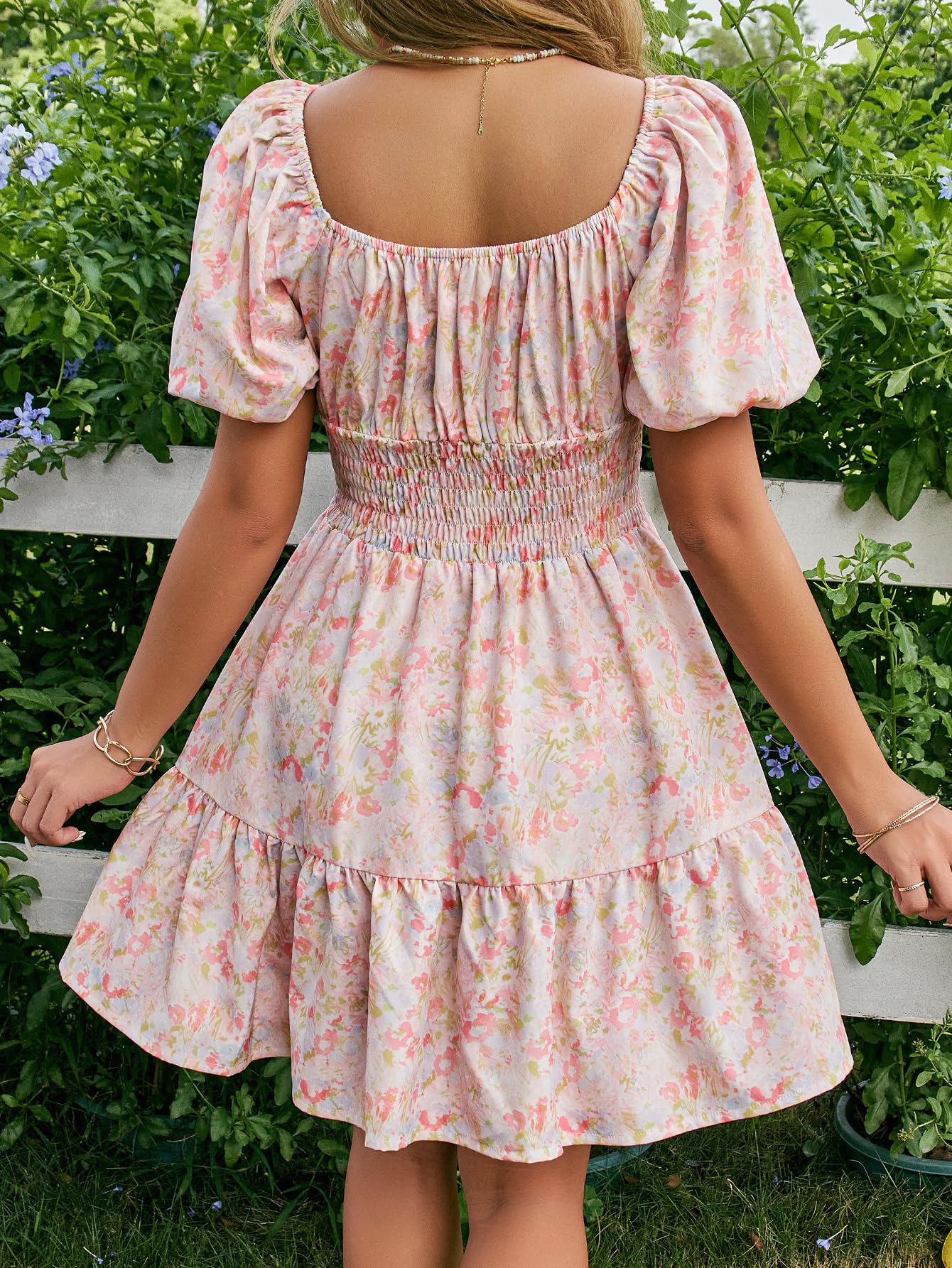 Floerns Women's Boho Square Neck Puff Short Sleeve Self Tie Front A Line Dress Floral Pink Large