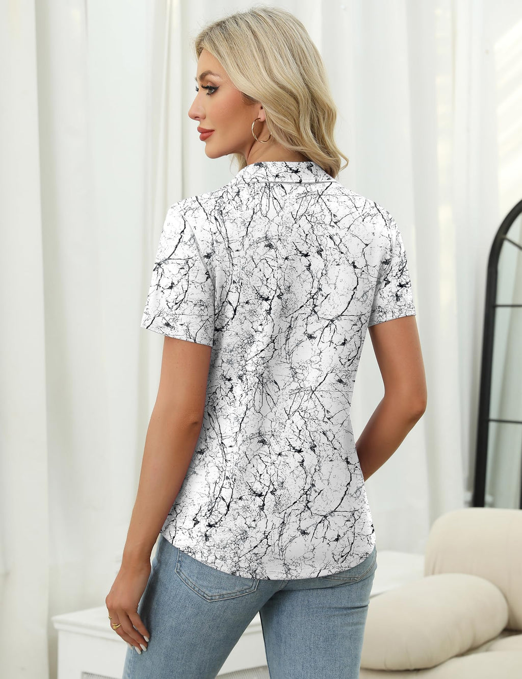 LOMON Polo Shirt for Women Summer Golf Quarter Zip Outfit Black Floral,XL