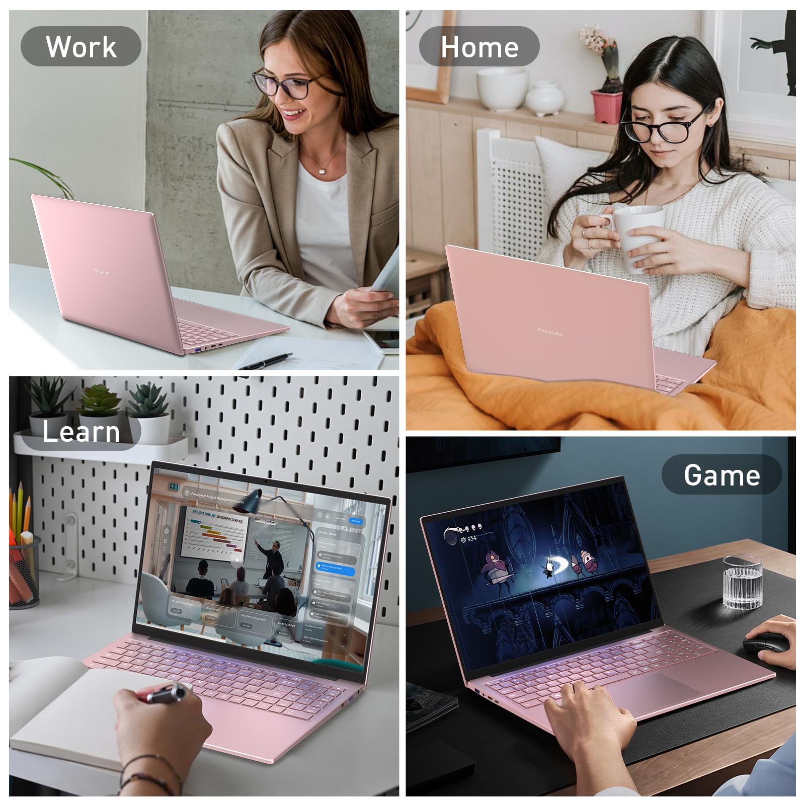 Auusda 16" FHD Traditional Laptop Computers, i3 Processor, WiFi 6 Bluetooth 5.3, Laptops Notebook for Home Office Study, Type-C, Backlit Keyboard, Fingerprint Unlock, Win11 Pro 16GB RAM 1TB SSD Pink