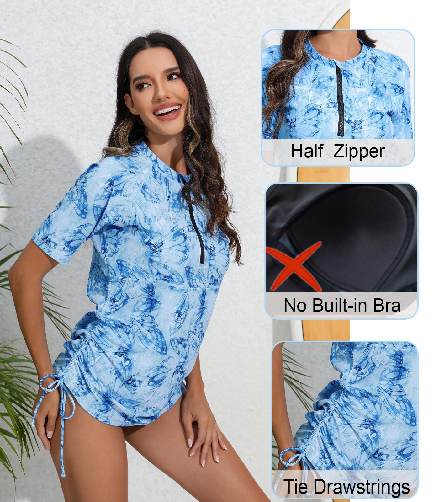 Halcurt Women's Half Zip Short Sleeve Rash Guard Swim Shirt with Tie Drawstring UPF50+ Swimsuit Top Blue Butterfly XL