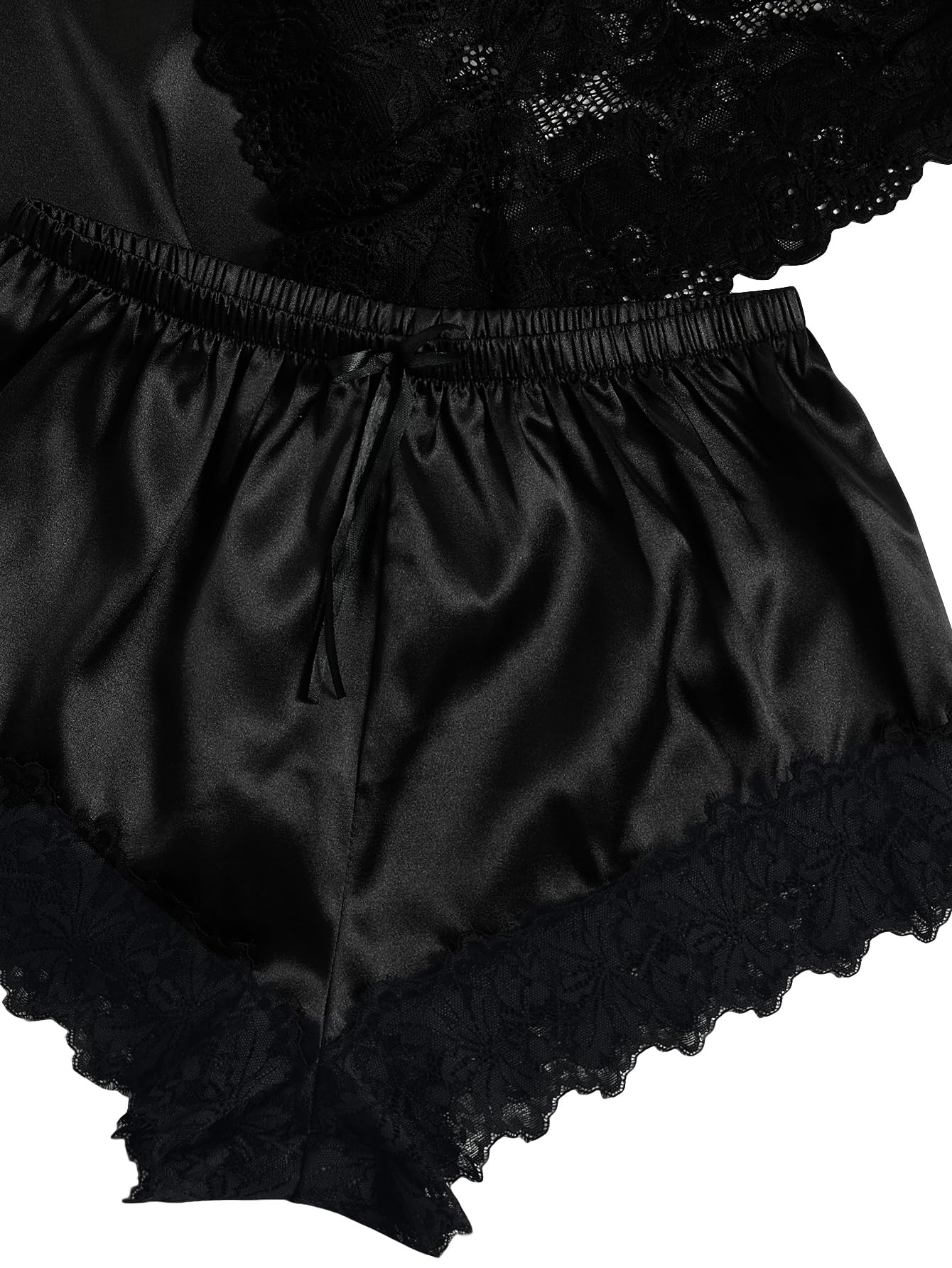 WDIRARA Women' Silk Satin Pajamas Set 4pcs Lingerie Floral Lace Cami Sleepwear with Robe Black Belted XXL