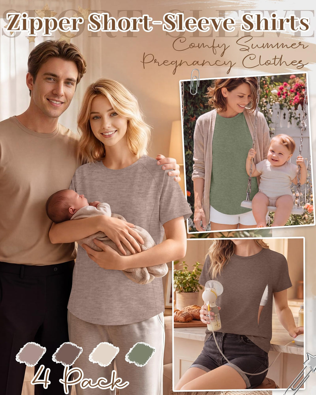 Huukeay 4 Pack Women's Nursing Breastfeeding T-Shirts, Medium, 4-Color