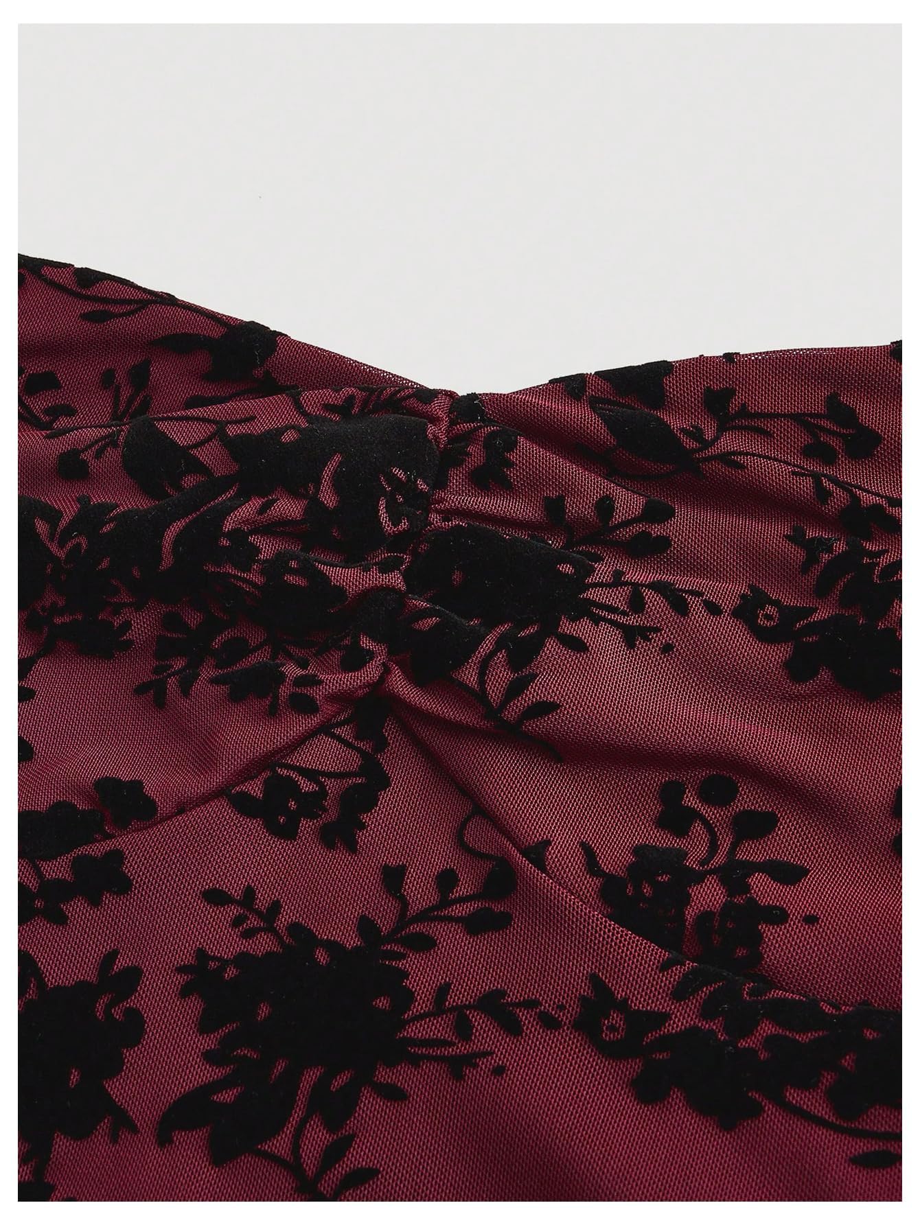 WDIRARA Women's Floral Jacquard Mesh Gothic Dress Bell Long Sleeve A Line Vintage Dresses Burgundy Small