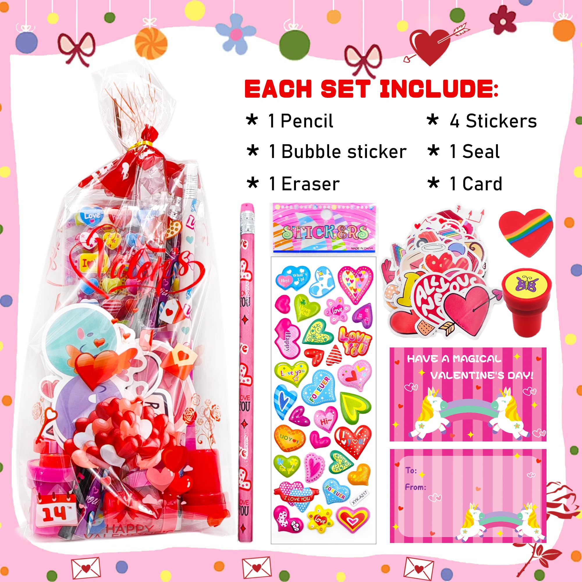 Phaorui 268pcs Valentines Day Gifts for Kids Classroom 28 Pack Valentines Goodie Bags Stuffers Valentine Card Gift for Kid Valentine Classroom Party Favors Prizes for Kids Girls