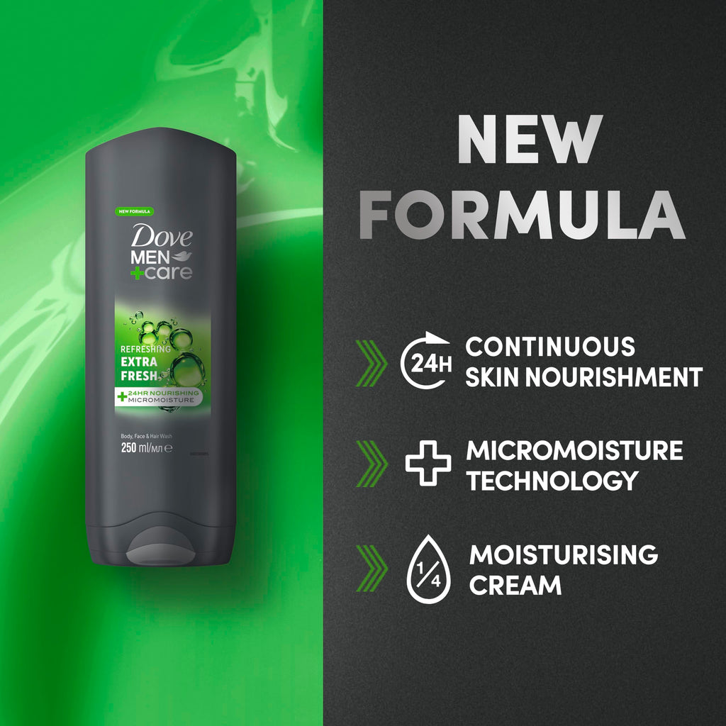 Dove Men+Care Refreshing Extra Fresh Men's 3-in-1 Hair, Face and Body Wash Body Cleanser shower gel with 24 hour nourishing MicroMoisture technology for healthy and smooth skin all day 250 ml
