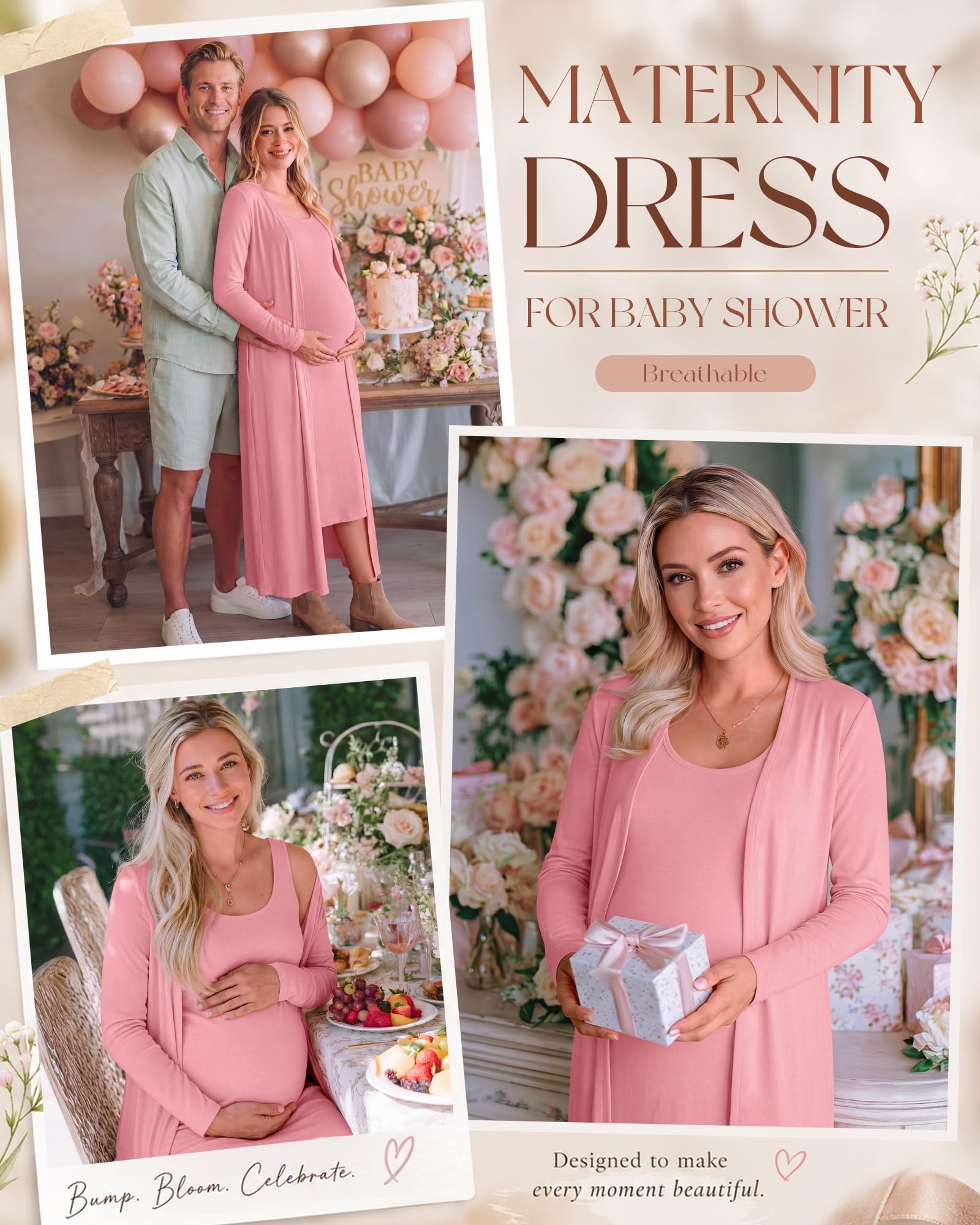 Huukeay 2 Piece Women Maternity Dress Cardigan Set, Pink, Small