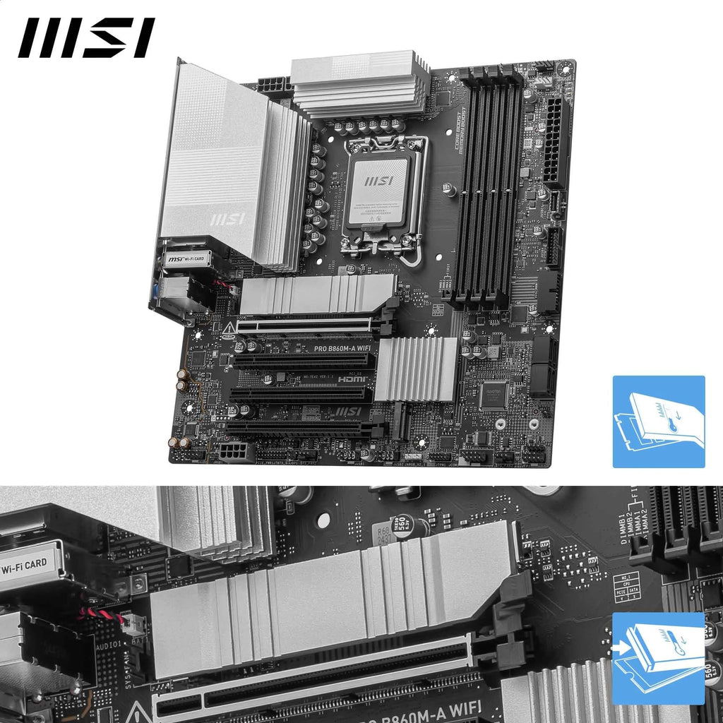 MSI PRO B860M-A WiFi Motherboard, mATX - Supports Intel Core Ultra Processors (Series 2), LGA 1851-12 DRPS, DDR5 Memory Boost (8600+ MT/s OC), PCIe 5.0 x16 & 4.0 x16, M.2 Gen5, Wi-Fi 7, 5G LAN