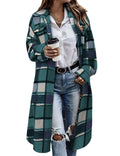 Himosyber Women's Casual Plaid Lapel Woolen Button Up Pocketed Long Shacket Coat(Green-XXL)