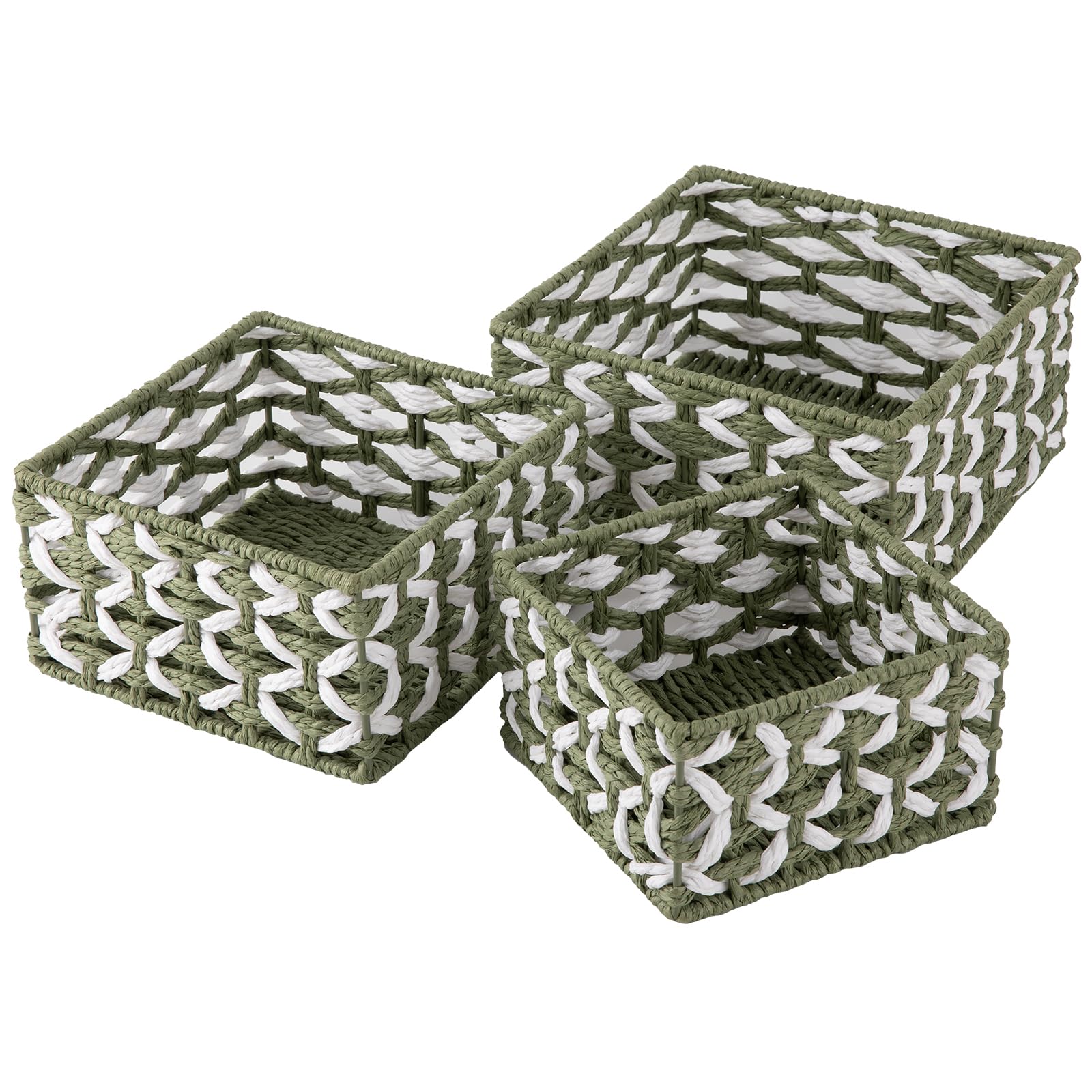 OIAHOMY Storage Baskets Paper Rope Shelf Baskets, Handwoven Small Wicker Bins for Home, Set of 3-Green & White
