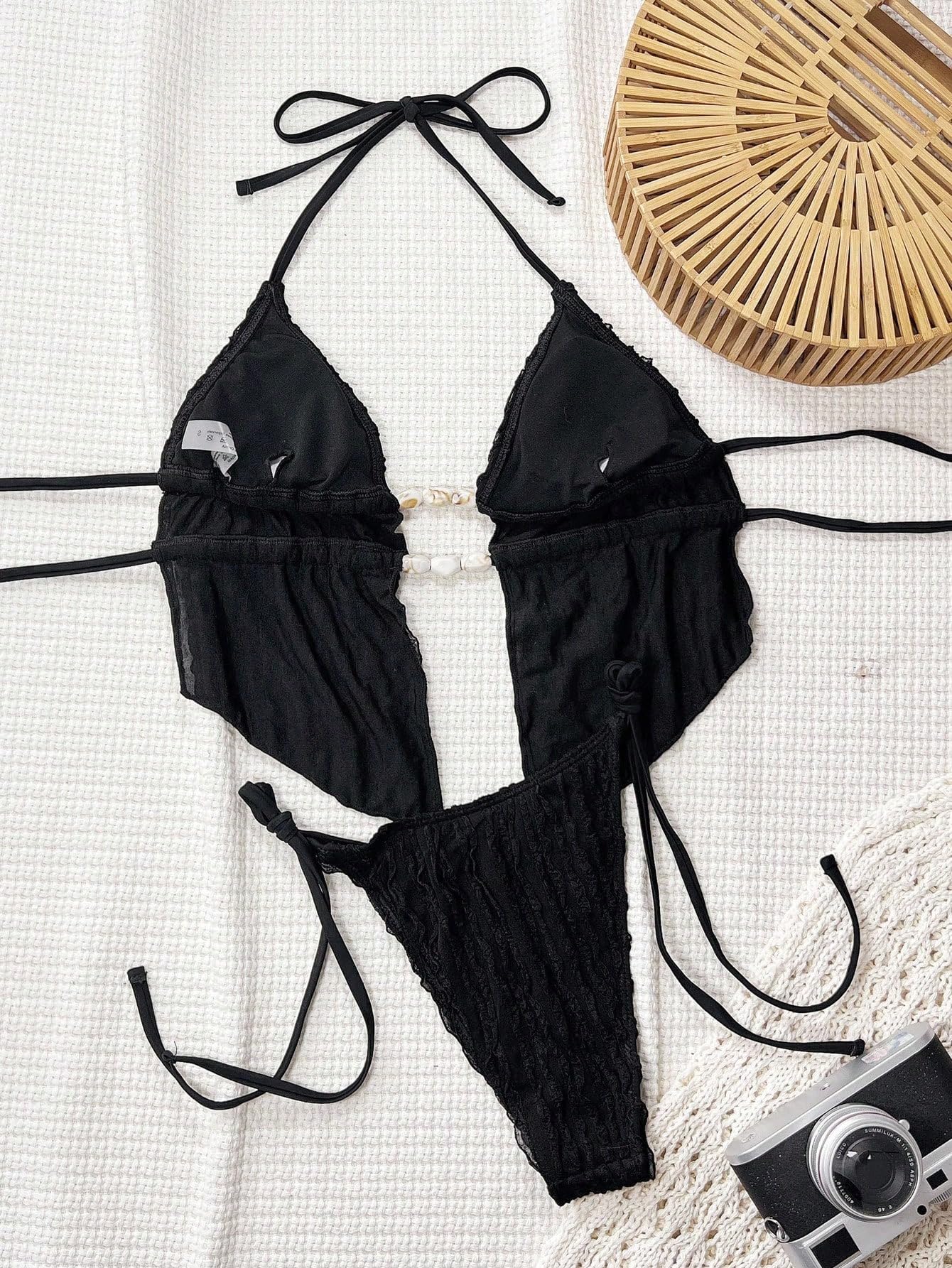ZAFUL Halter Swimsuits for Women Textured Backless 2 Piece Bathing Suits Cheeky High Cut String Tie Side Bikini Sets 0-Black S