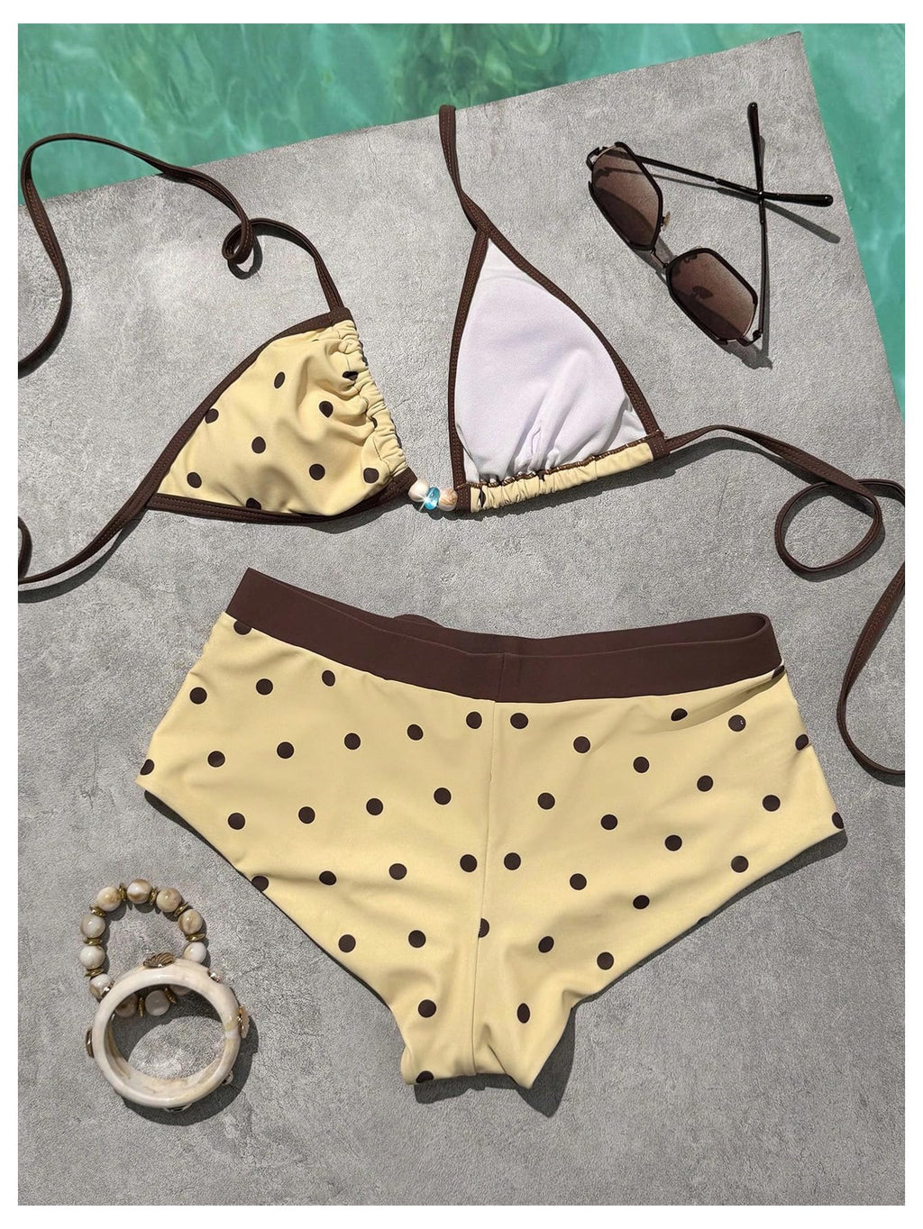WDIRARA Women's Polka Dots 2 Piece Swimsuit Triangle Halter Bikini Set Boyshorts Bathing Suit Light Yellow Medium