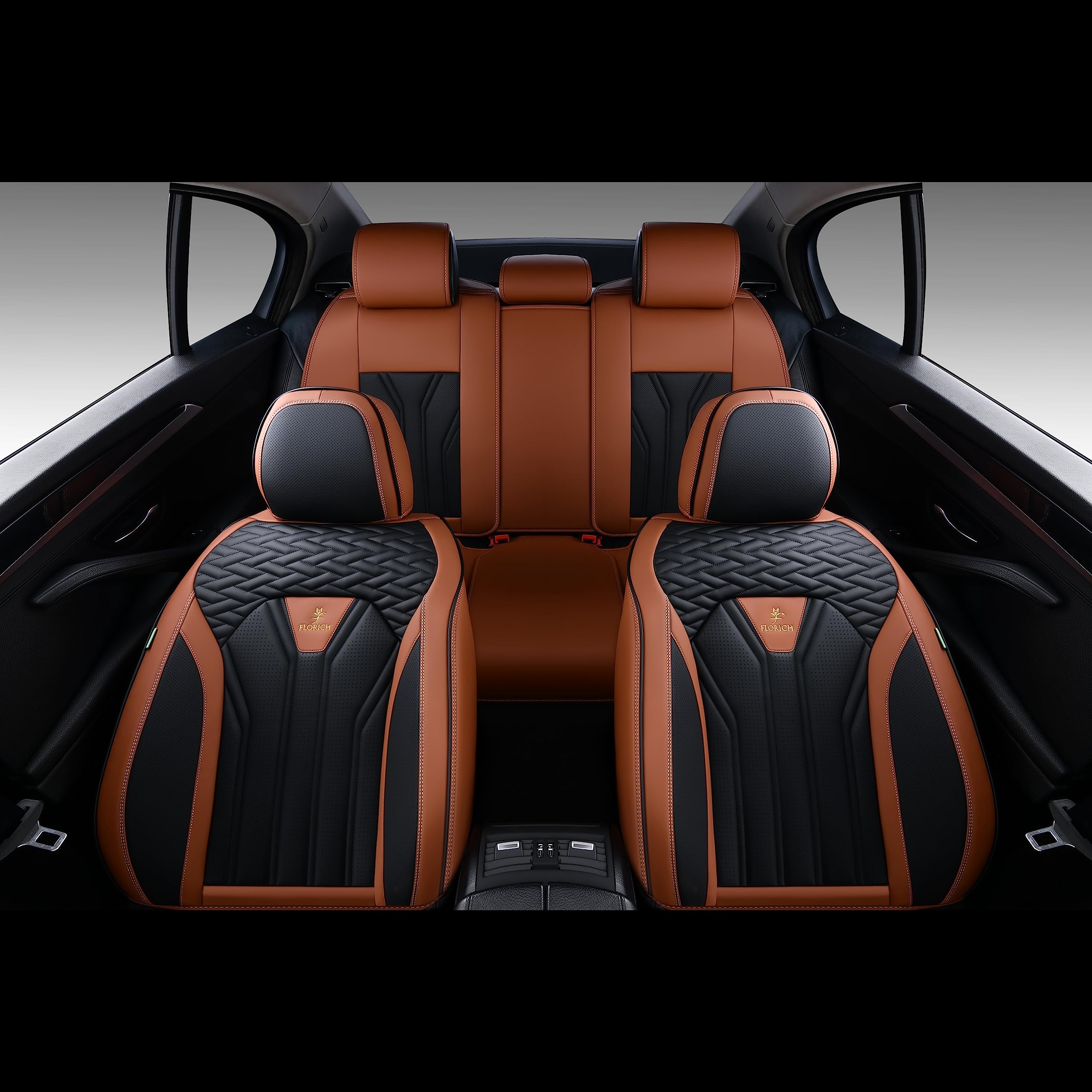FLORICH Leather Seat Covers, Seat Covers Full Set, Car Seat Protectors 5 Seats,Automotive Seat Covers Fit for Most Cars Trucks-Brown&Black