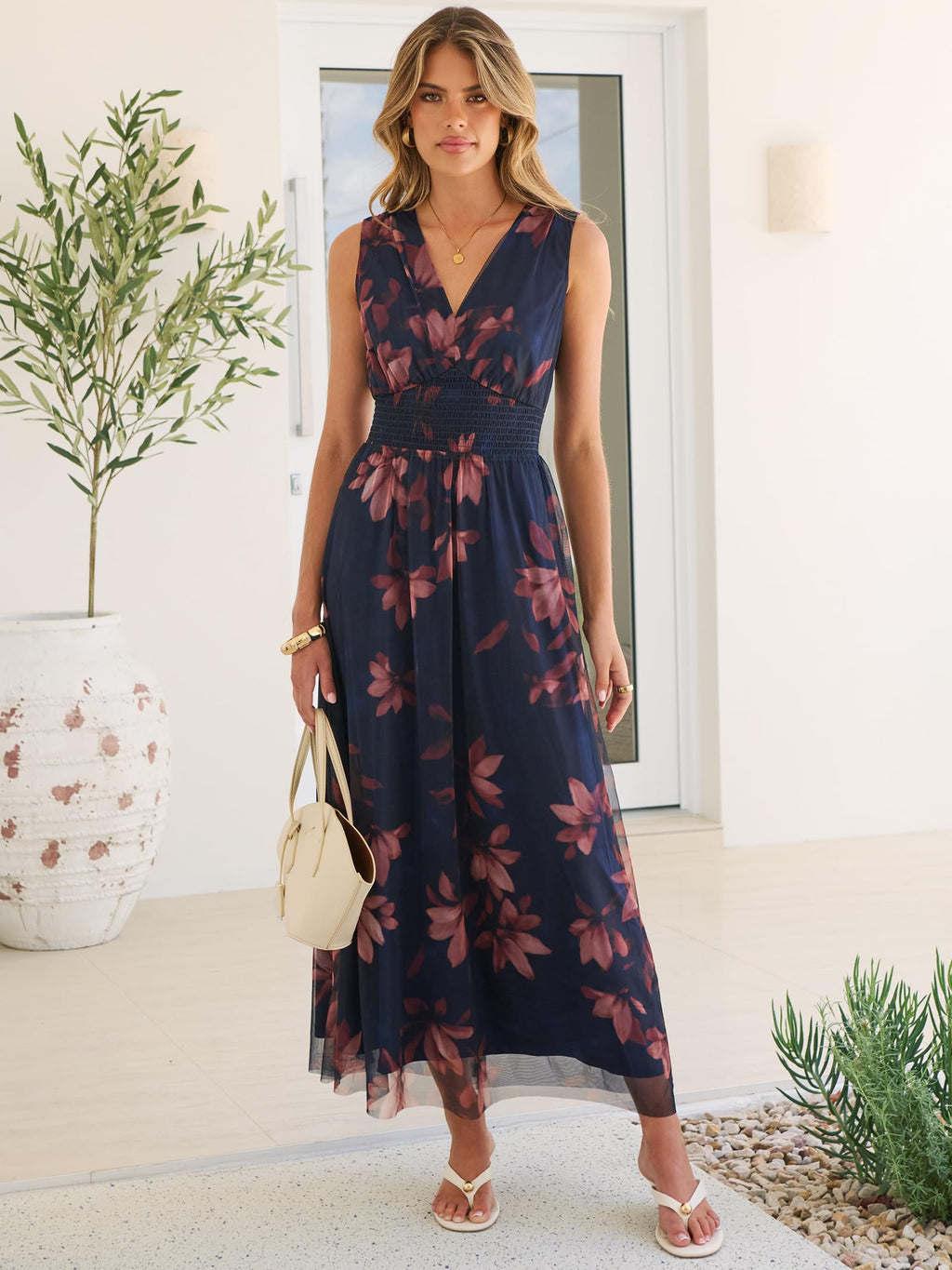 ANRABESS Womens Summer Floral Maxi Dress, A Line Tulle,Elegant for Wedding Guest & Beach Vacation,Flowy Casual Boho Outfits Brown Beige Floral Large