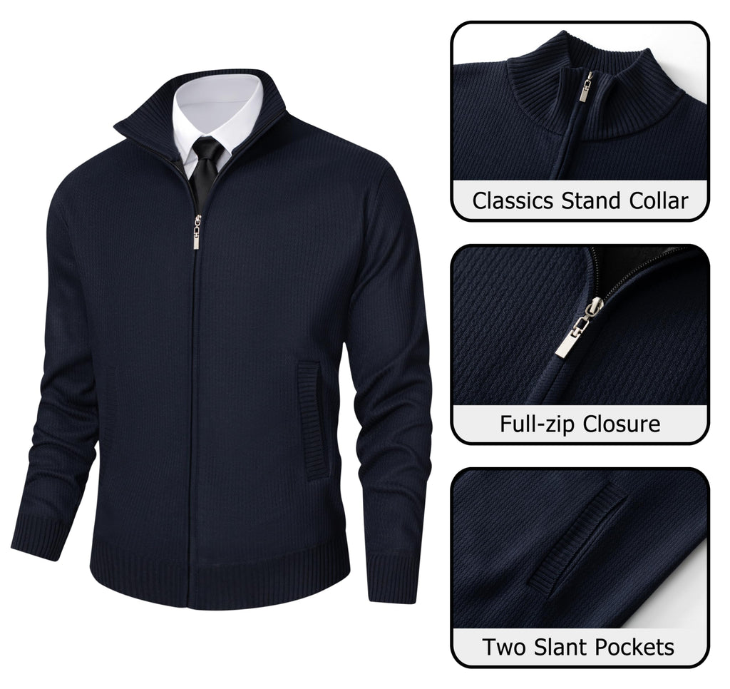 Vcansion Men's Casual Slim Fit Long Sleeve Full Zip Knitted Cardigan Sweaters with Pockets Navy US XL