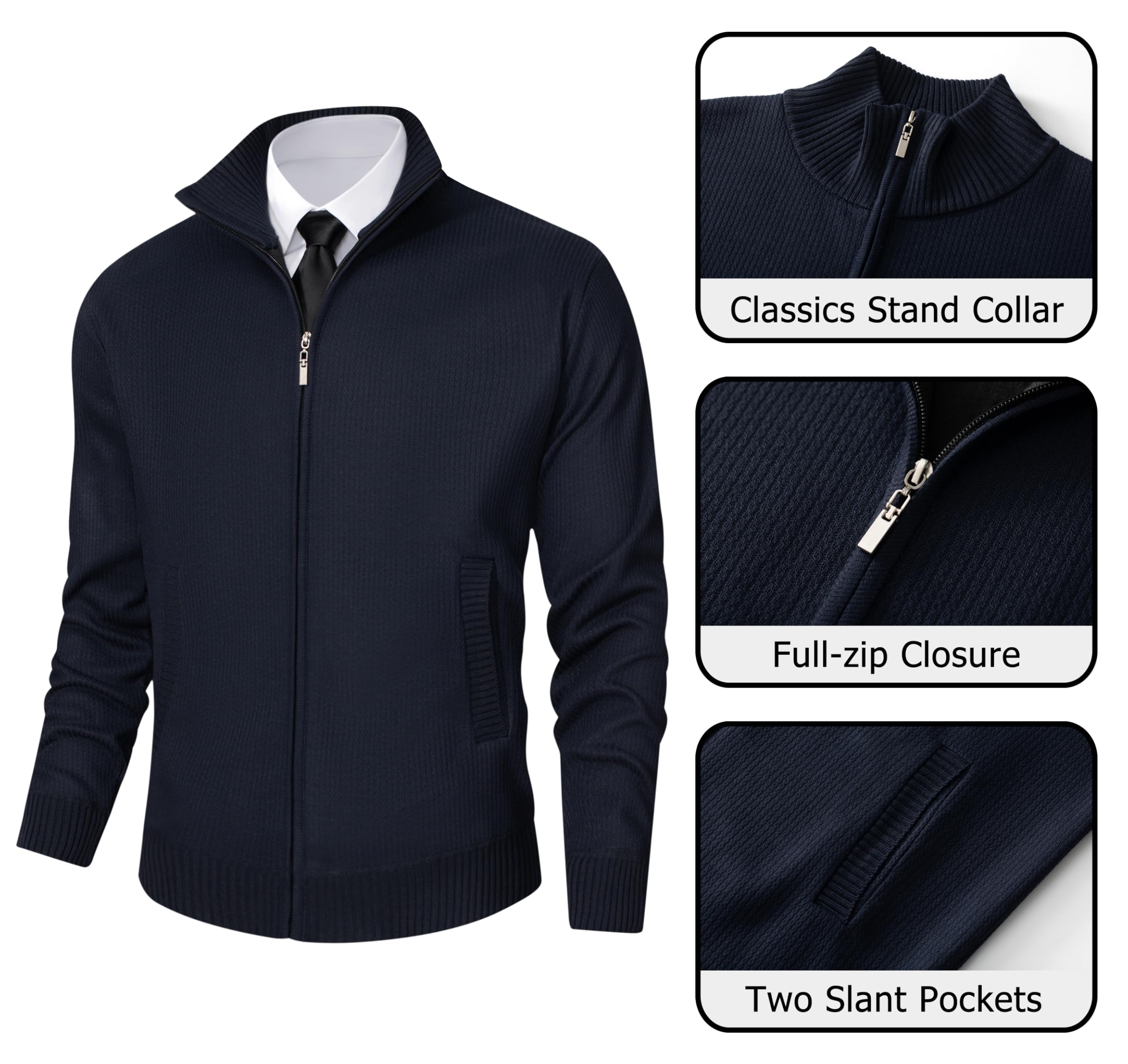 Vcansion Men's Casual Slim Fit Long Sleeve Full Zip Knitted Cardigan Sweaters with Pockets Navy US XL
