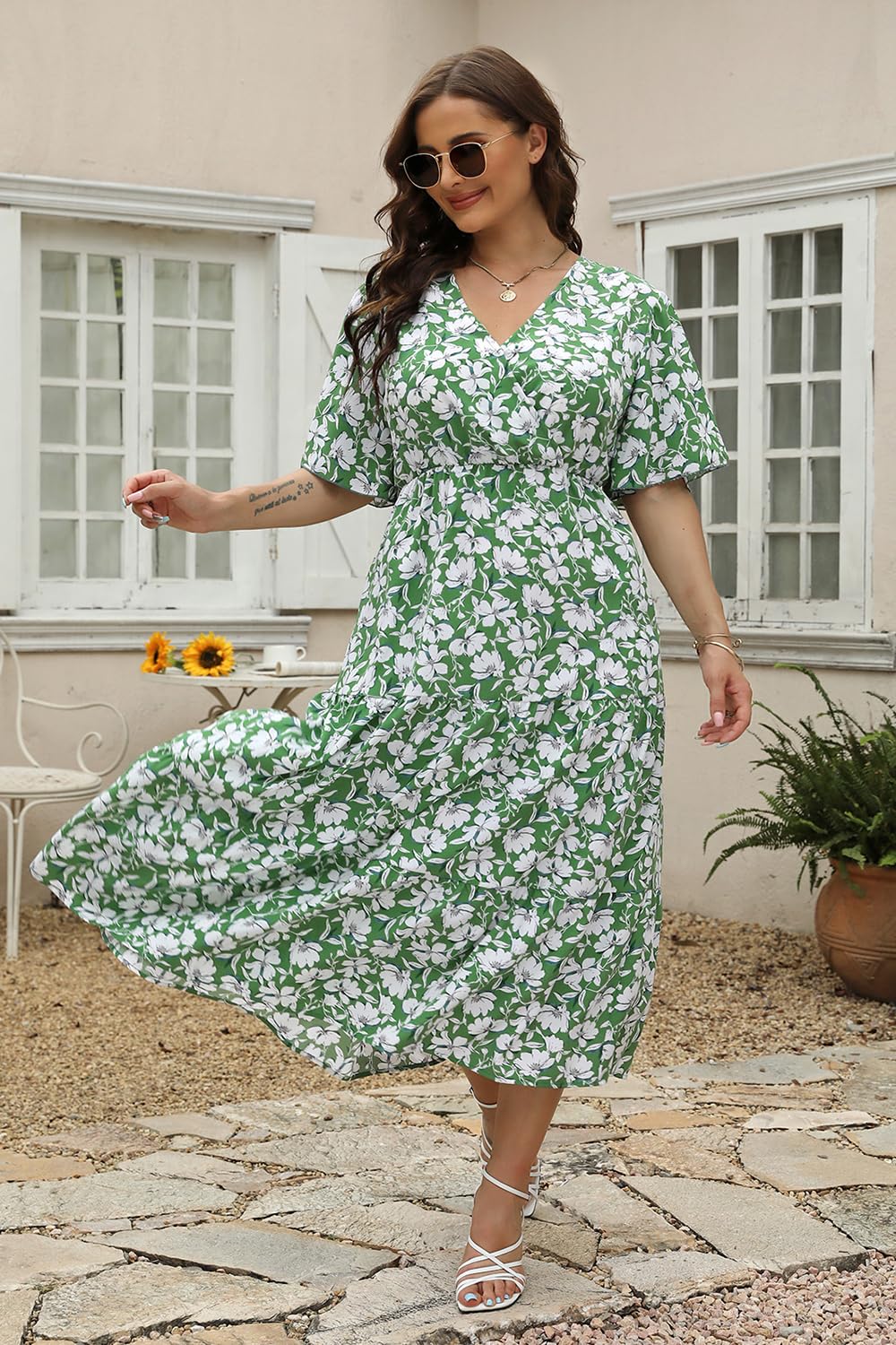 Keluummi Plus Size Maxi Dress for Women V-Neck Floral Empire Waist 3/4 Sleeve with Pockets(18 Plus, 02 - Green Floral)