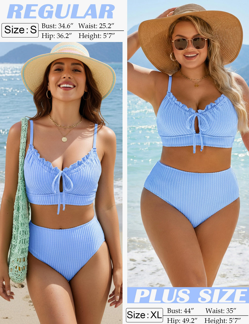 BMJL High Waisted Bikini Sets for Women Textured Tummy Control Swimsuits Two Piece Cutout Beach Swim Bathing Suits(L,Sky Blue)