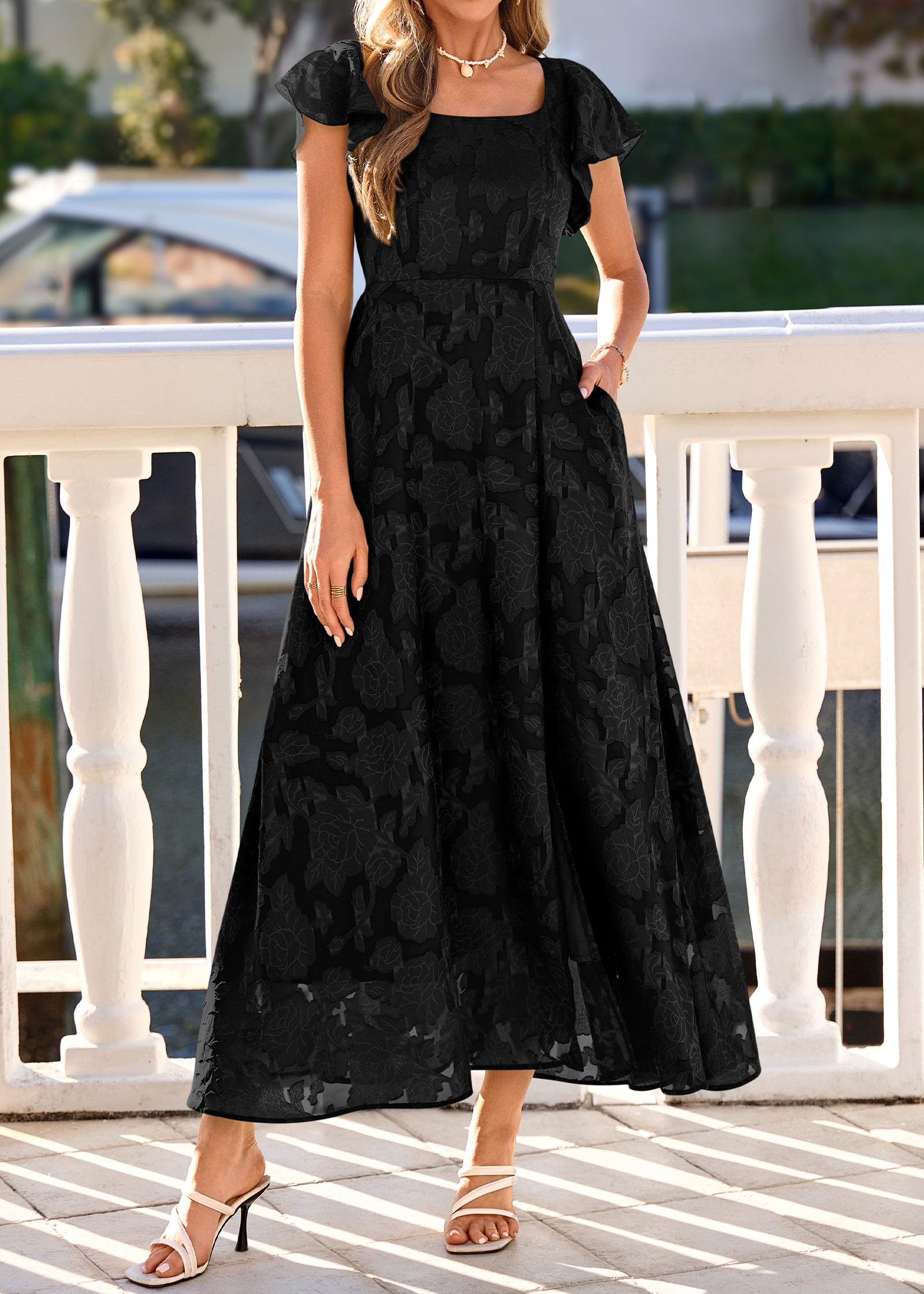 KIRUNDO Cocktail Dresses for Women Elegant Wedding Guest Summer Formal Maxi Lace Floral Slit Prom Party Bridesmaid Dress (Black, Large)