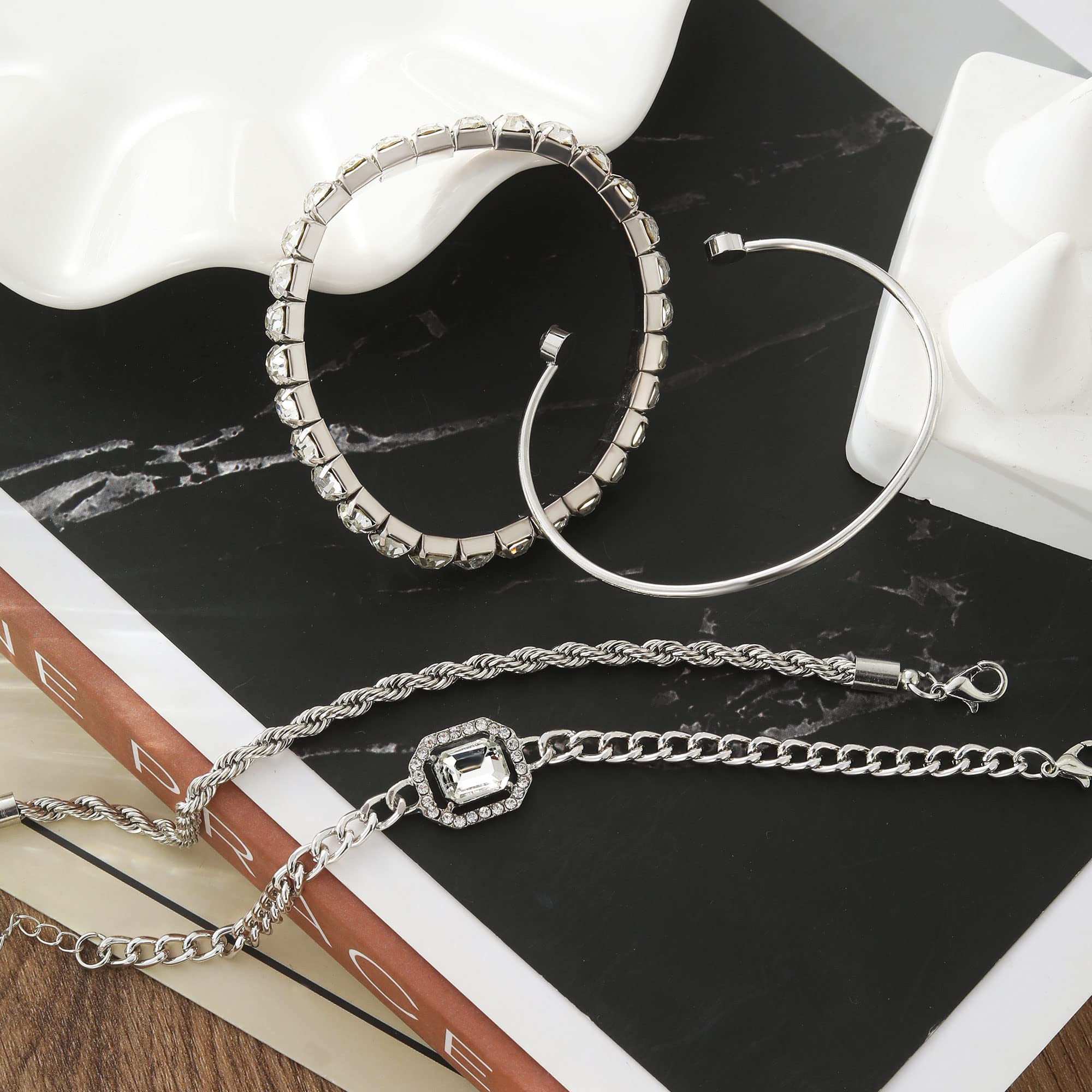 17IF 4 Pcs Dainty Silver Bracelets Set for Women 14K Plated Link Cubic Zirconia Paperclip Stack Layering Chain Adjustable Trendy Hand Jewelry (Silver)