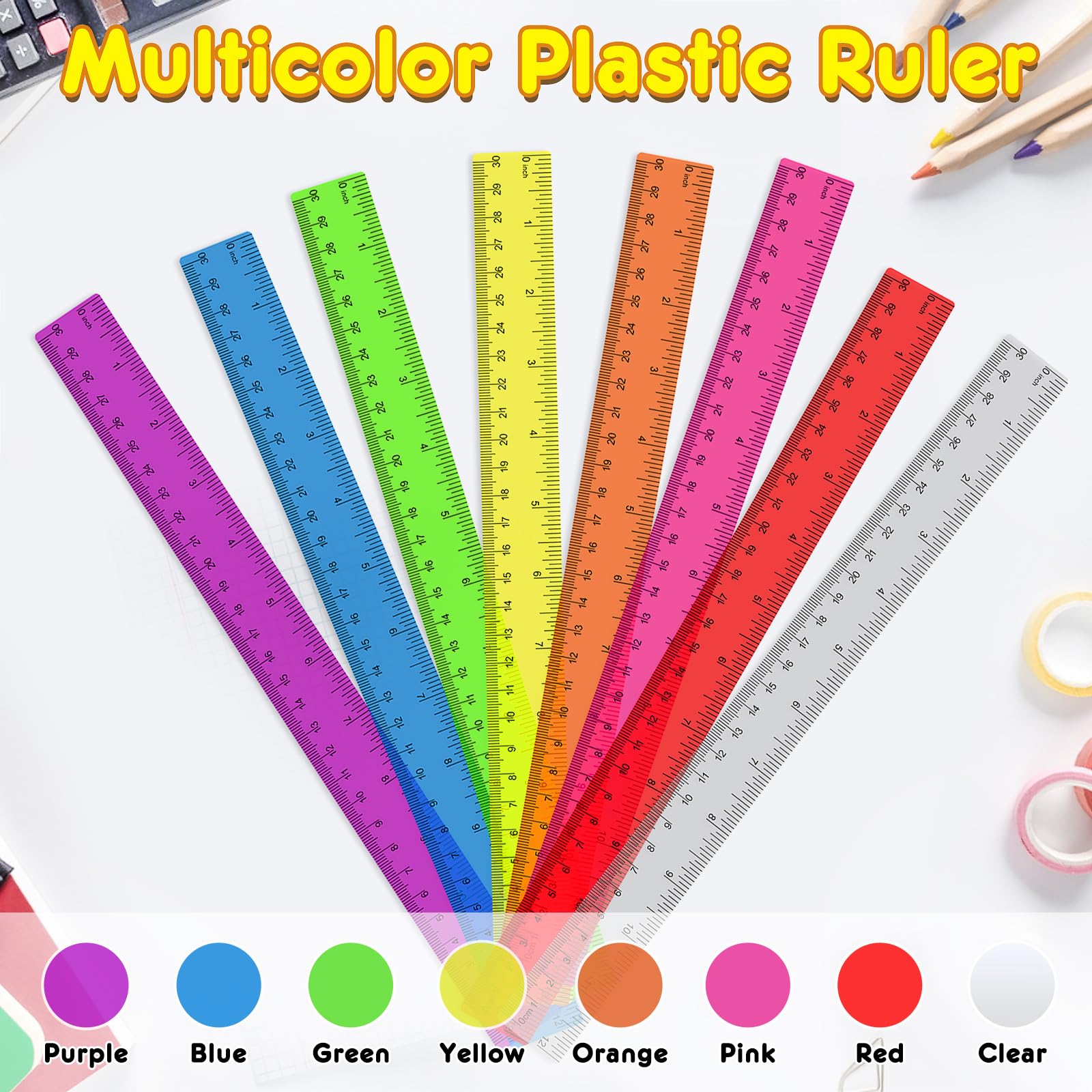64 Pack Plastic Ruler 12 Inch in Bulk, Plastic Rulers in Assorted Colors, Clear Ruler with Inches and Centimeters, Transparent Rulers Bulk for Kids Back to School, Classroom, Office, Home Supplies