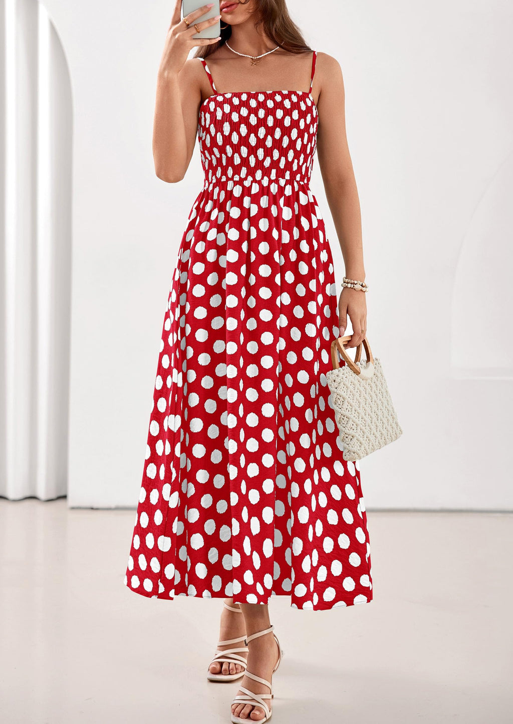 PRETTYGARDEN Womens Polka Dot Dress 2026 Summer Spaghetti Strap Smocked Sundress Beach Vacation Wedding Guest Midi Dresses(Red,X-Small)