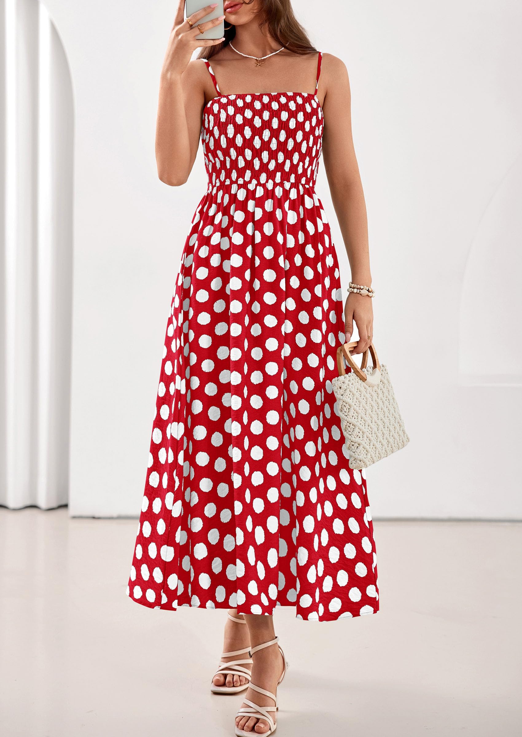 PRETTYGARDEN Womens Polka Dot Dress 2026 Summer Spaghetti Strap Smocked Sundress Beach Vacation Wedding Guest Midi Dresses(Red,X-Small)