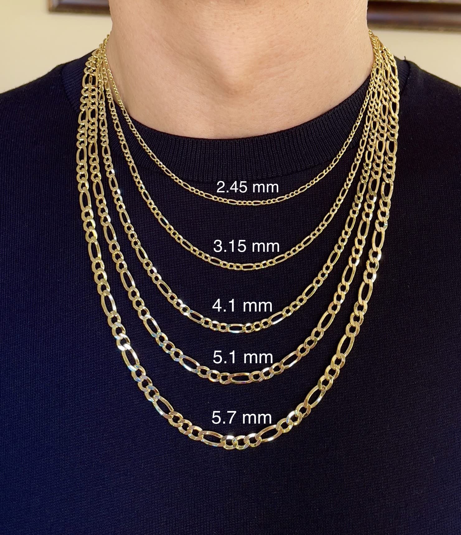 JEWELHEART 14K Real Gold Figaro Chain - 2mm Diamond Cut Cuban Link Figaro Necklace For Men - Yellow Gold Pendant Necklace For Women with Lobster Clasp 18"