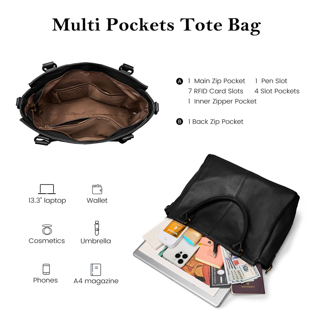 befen Black Soft Real Leather MediumTote Bag for Women, Womens Leather Purses Handbags Crossbody Bags Top Handles Satchel Purse with RFID Card Slots