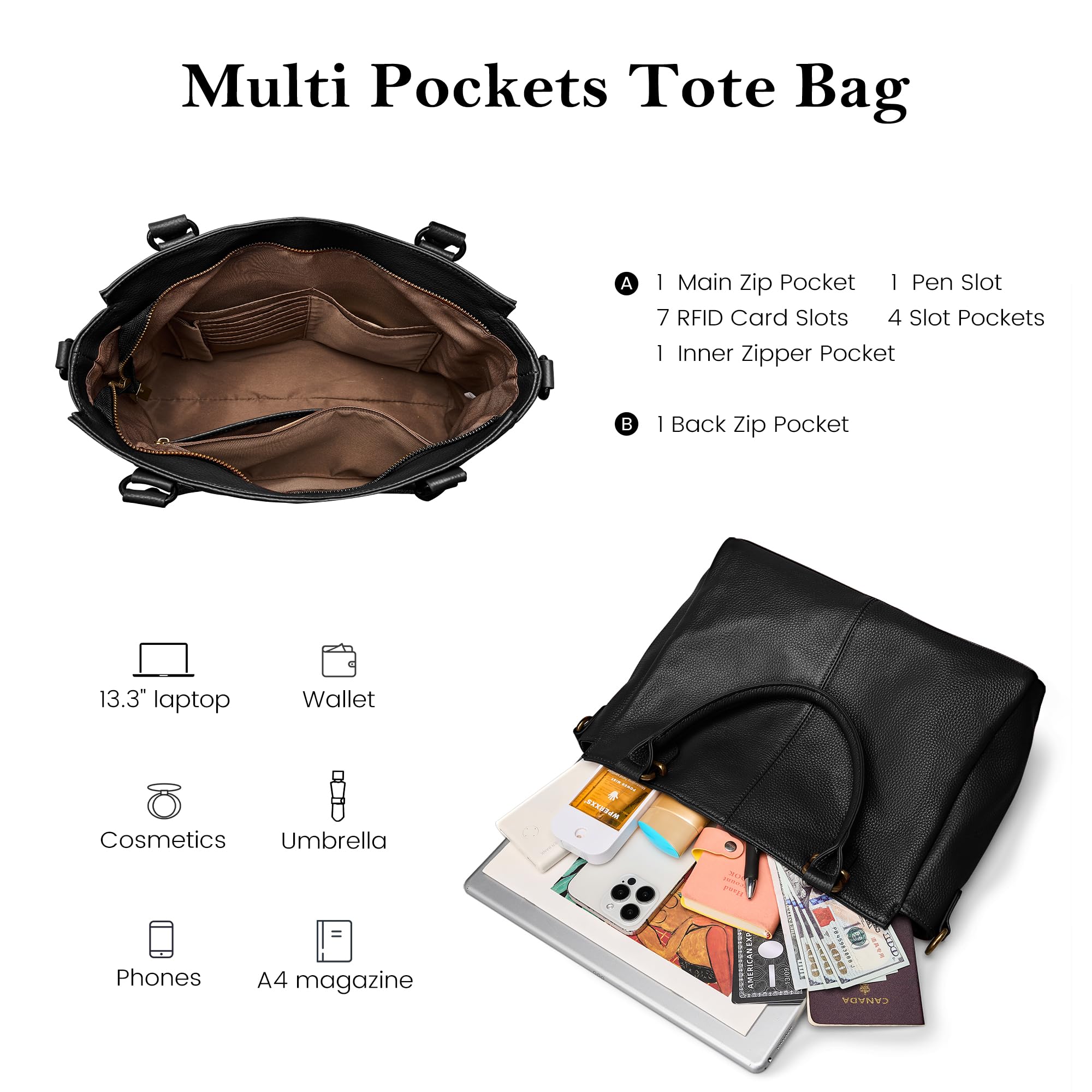 befen Black Soft Real Leather MediumTote Bag for Women, Womens Leather Purses Handbags Crossbody Bags Top Handles Satchel Purse with RFID Card Slots