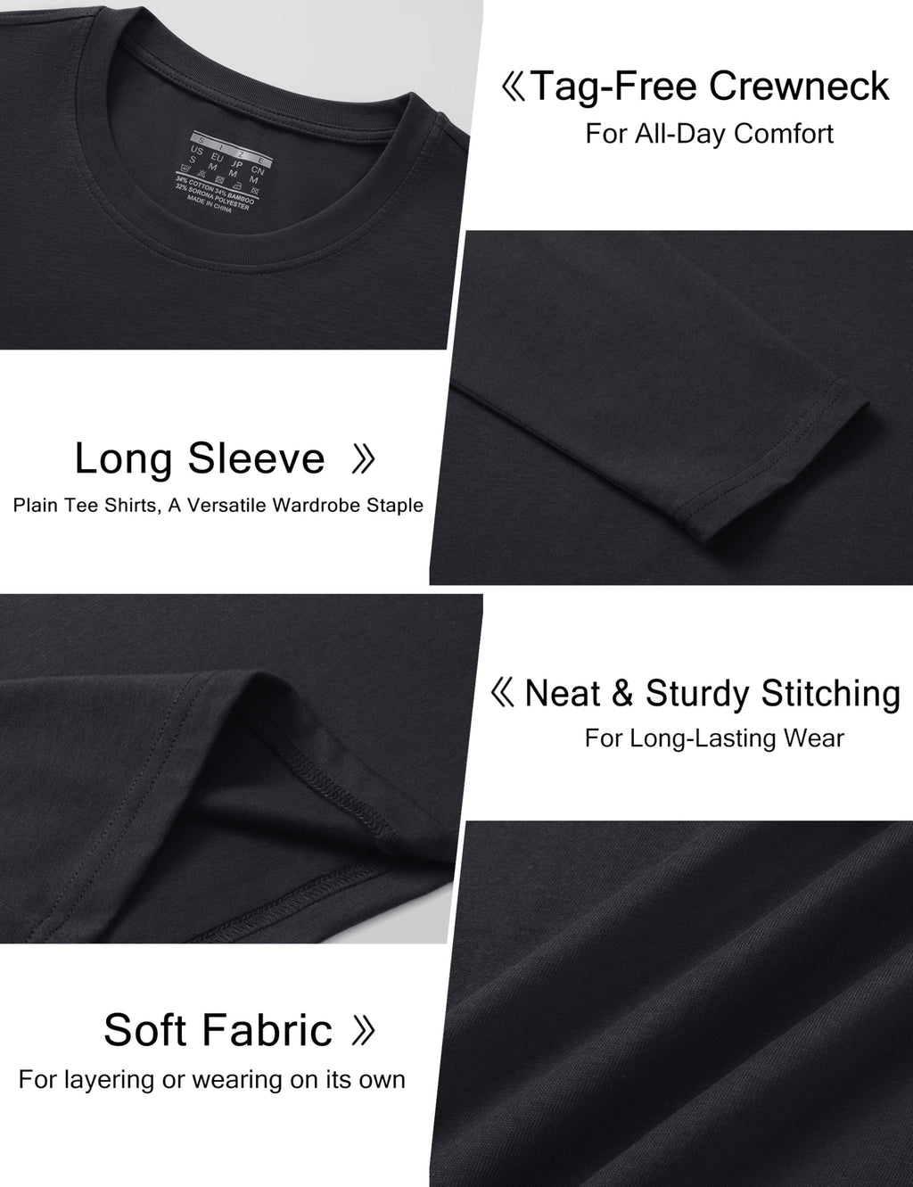 Cotrasen Mens Shirts Casual Stylish Long Sleeve T-Shirts Cotton Crew Neck Moisture Wicking Soft Basic Tee Shirts Mens Fashion Black M