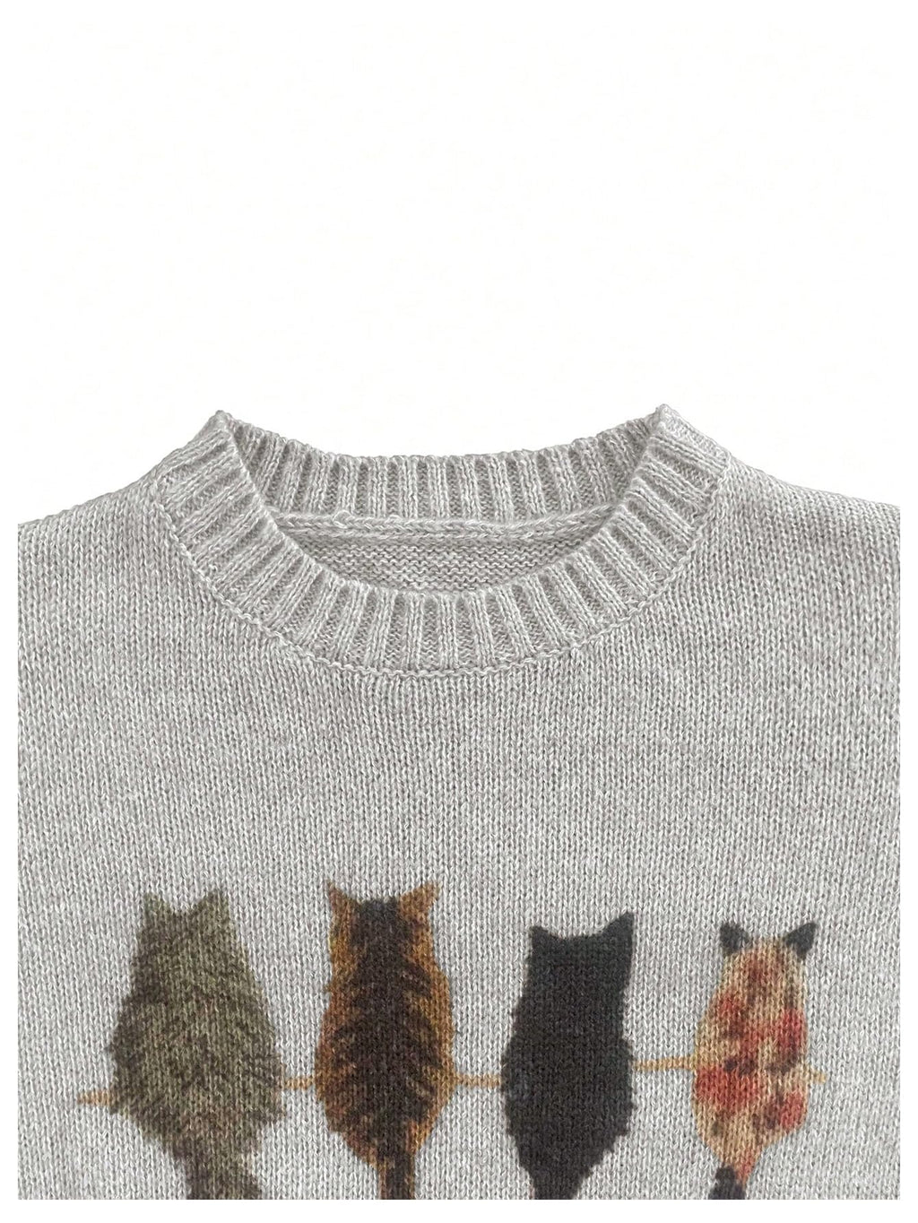 WDIRARA Women's Cat Graphic Sweater Long Sleeve Crew Neck Knit Tops Casual Knitwear Grey Small