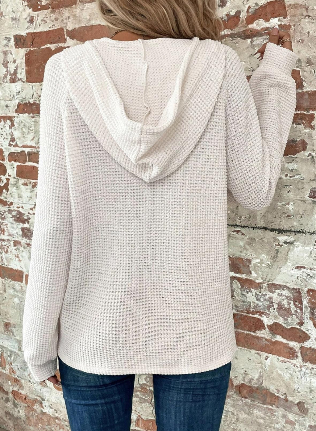Dokotoo Hoodies for Women Oversized Waffle Knit Sweaters Shirts Drawstring Button V Neck Long Sleeve Casual Lightweight Sweatshirt Hooded Tops Fall Fashion Outfits Winter Clothing 2025 White X-Large