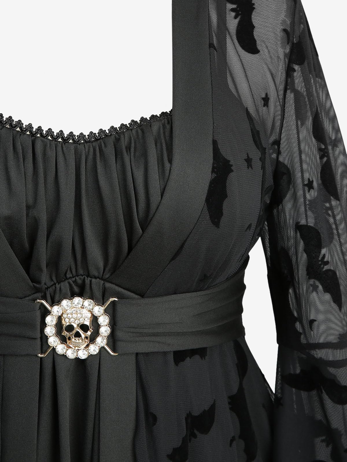 ROSE GAL Plus Size Women Gothic Halloween Costume Flocking Bat Mesh Asymmetric Bell Sleeve 2 in 1 Goth Swing Top(Black/2X)